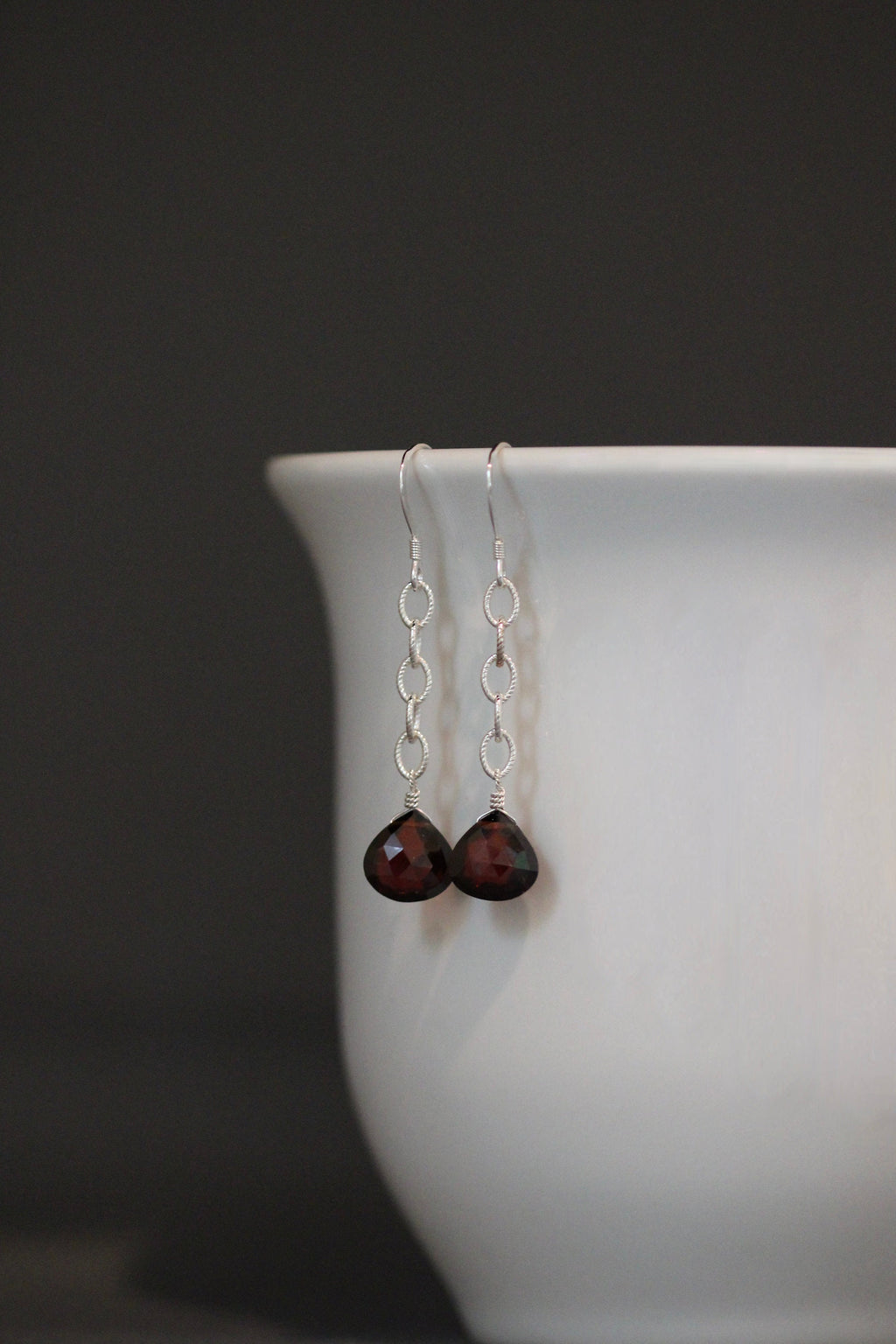 Red Garnet Quartz Teardrop Earrings on Sterling Silver Chain
