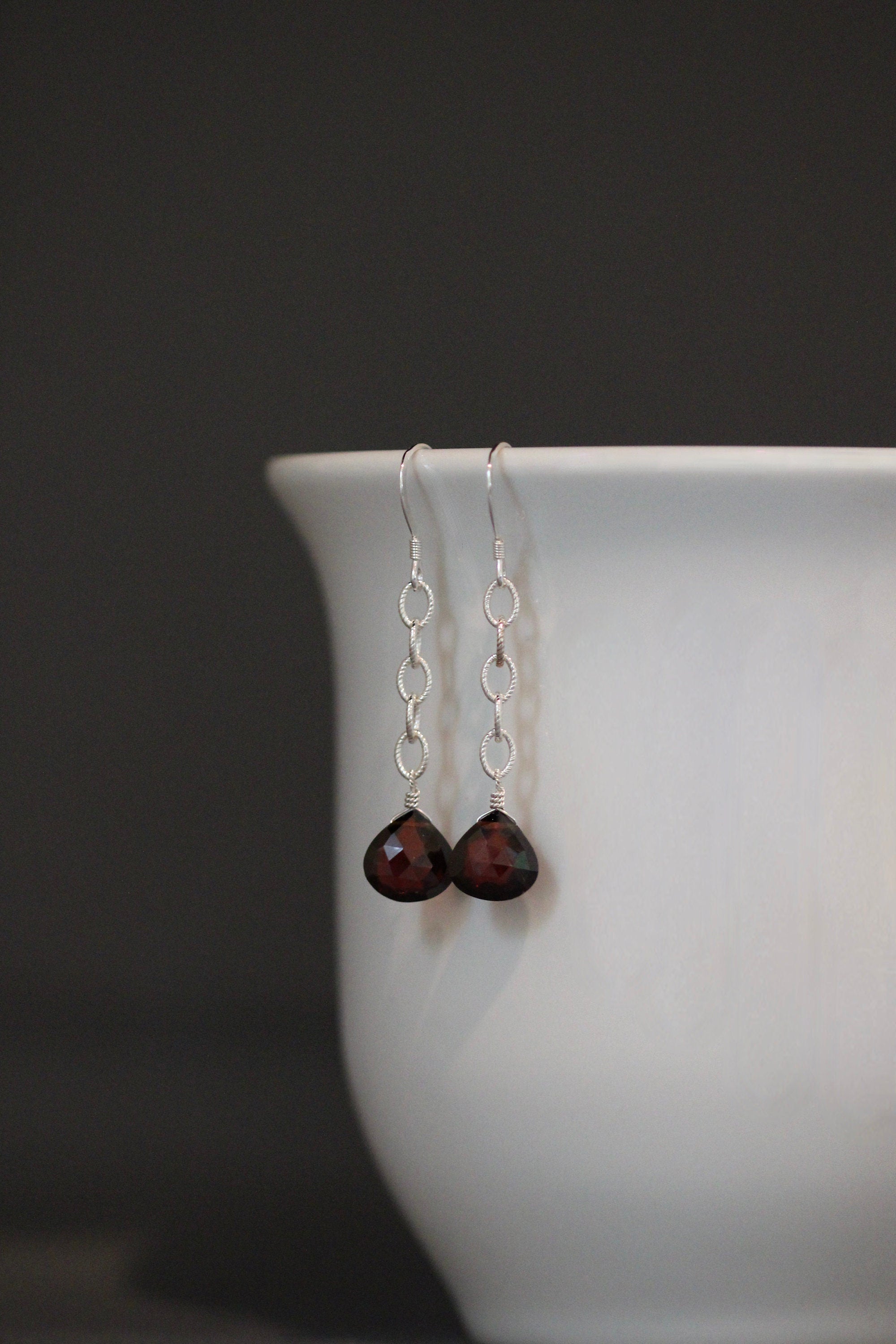 Red Garnet Quartz Teardrop Earrings on Sterling Silver Chain