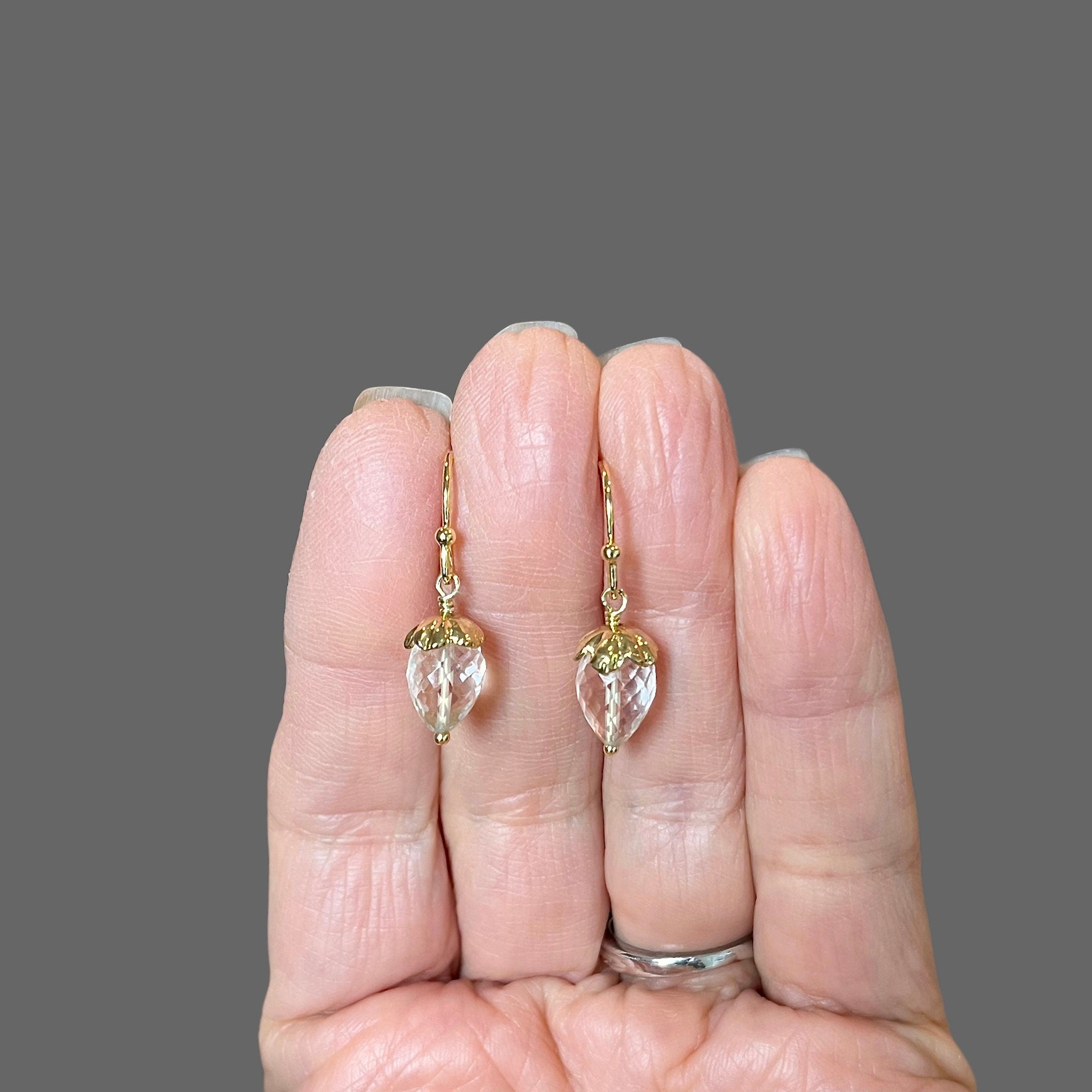 Clear Quartz Crystal Acorn Drop Earrings in Gold Vermeil