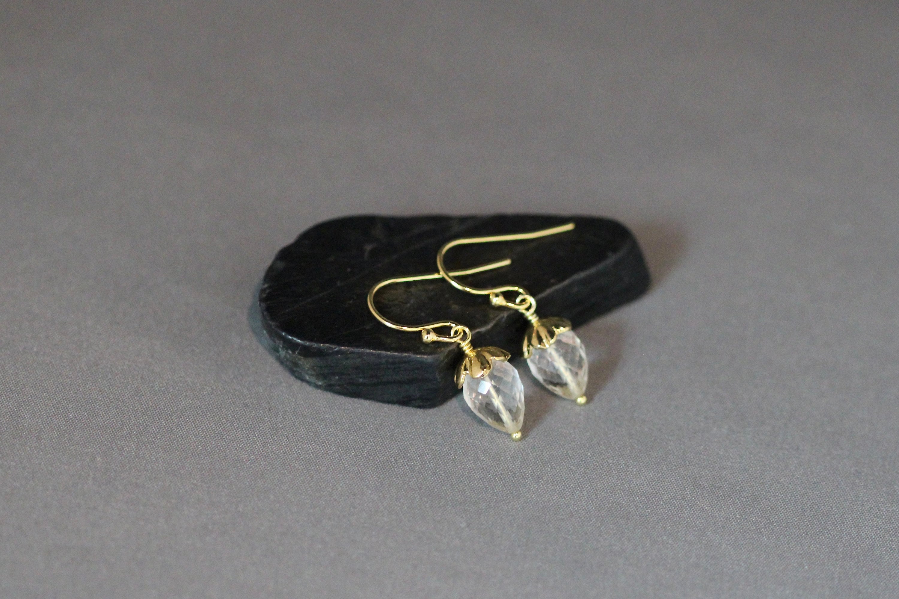 Clear Quartz Crystal Acorn Drop Earrings in Gold Vermeil