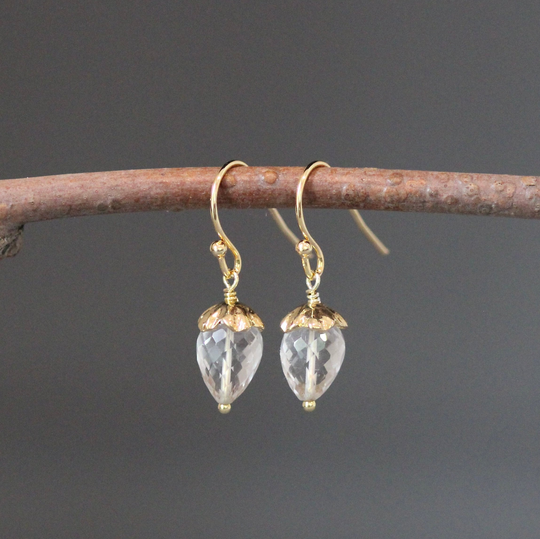 Clear Quartz Crystal Acorn Drop Earrings in Gold Vermeil