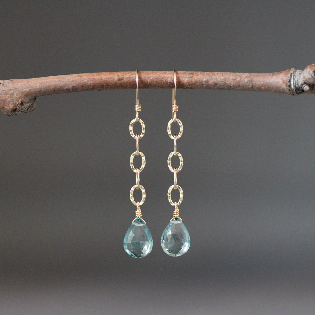 Teal Blue Topaz Quartz Teardrop Earrings on Hammered Gold Filled Links