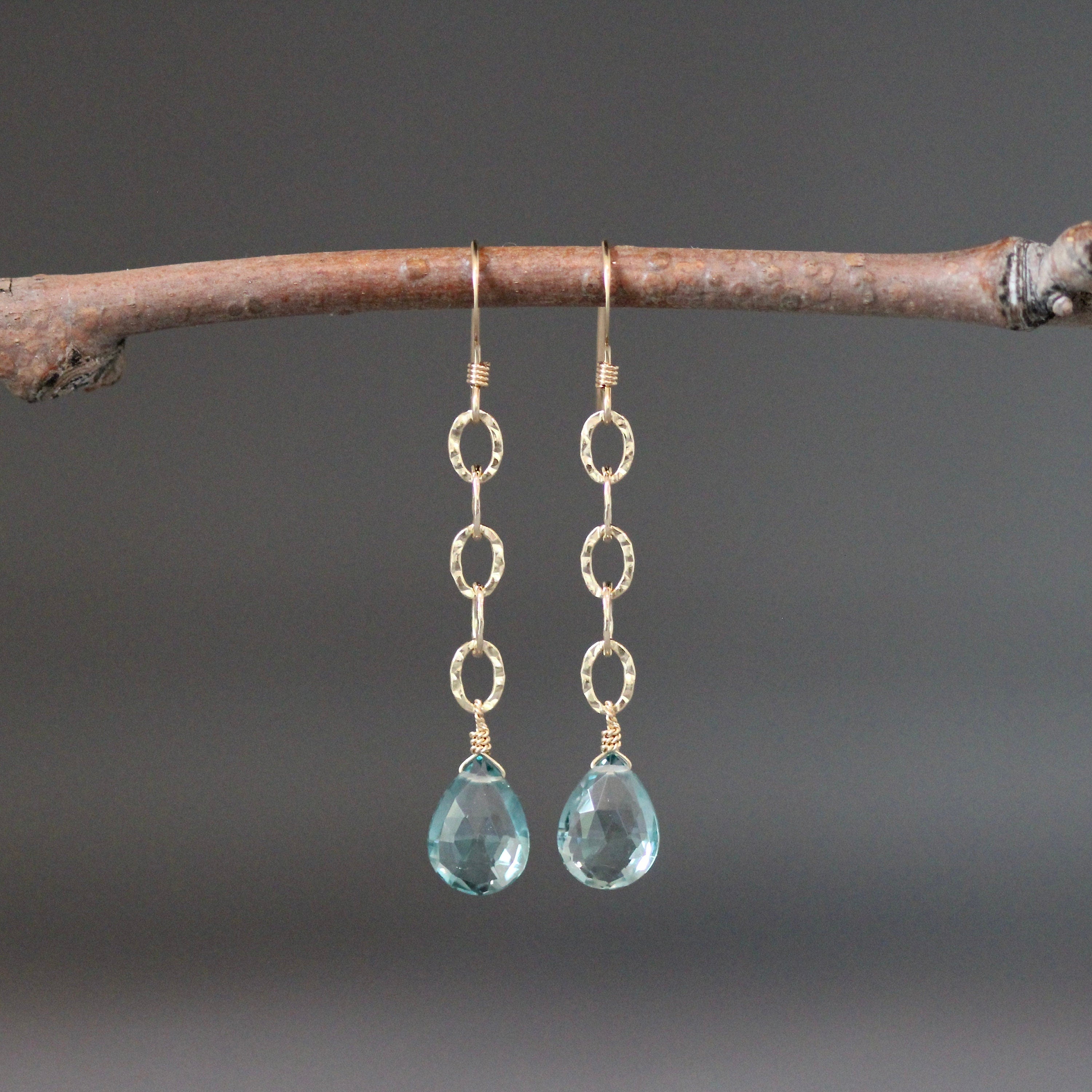 Teal Blue Topaz Quartz Teardrop Earrings on Hammered Gold Filled Links