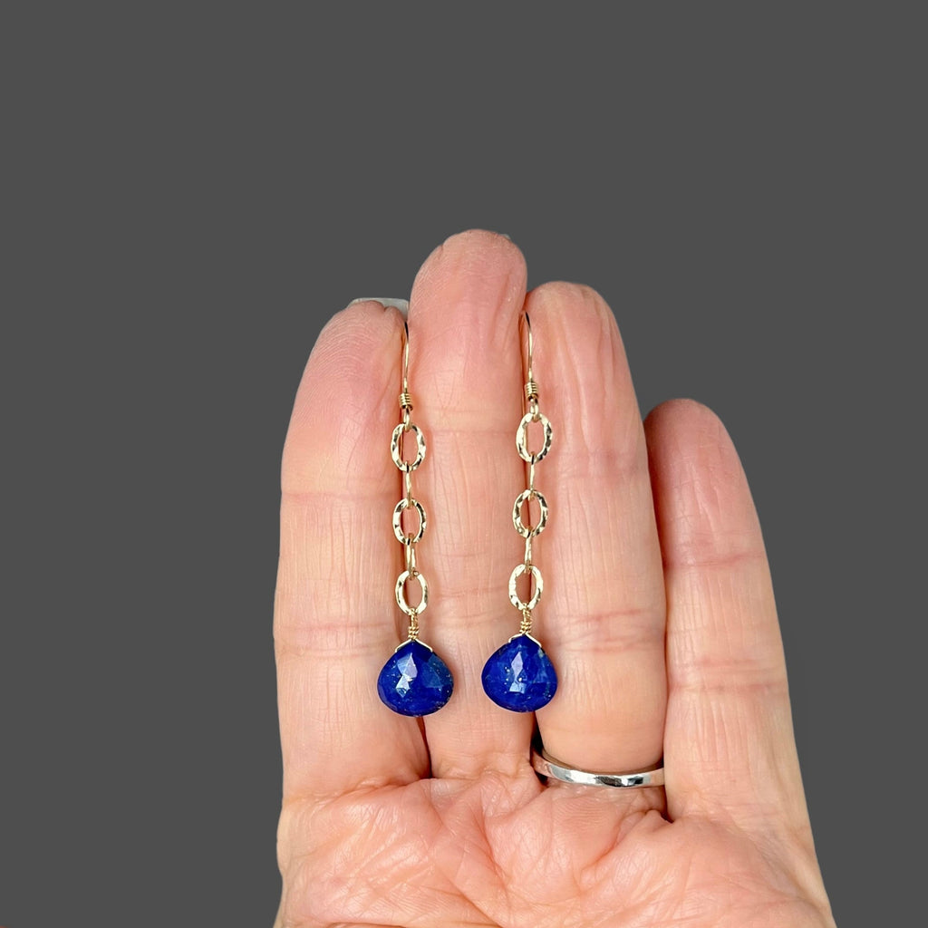 Lapis Lazuli Teardrop Dangle Earrings on Gold Filled Hammered Links