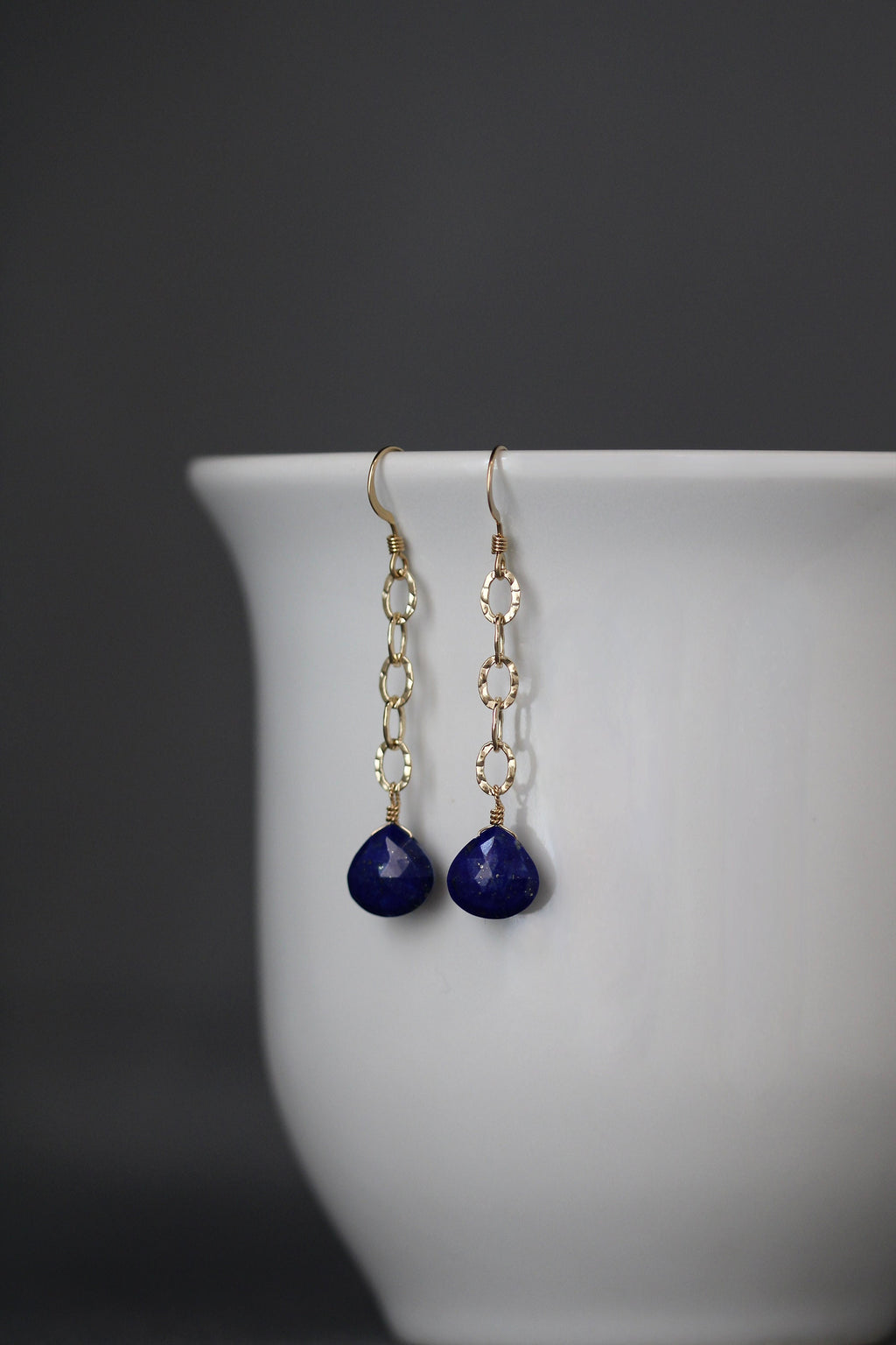 Lapis Lazuli Teardrop Dangle Earrings on Gold Filled Hammered Links