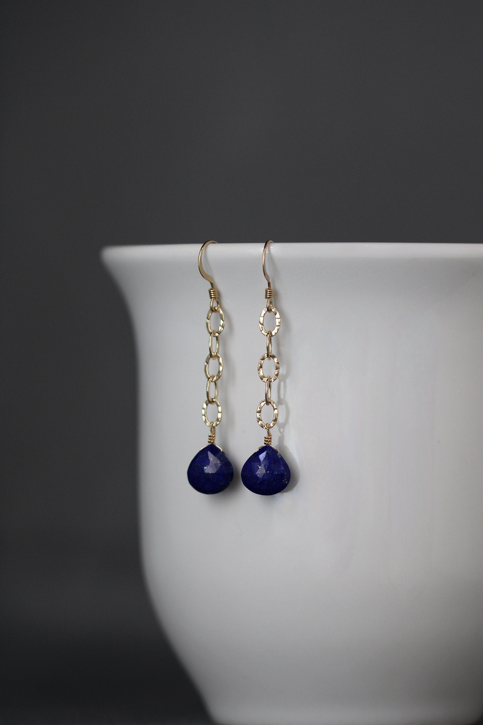 Lapis Lazuli Teardrop Dangle Earrings on Gold Filled Hammered Links