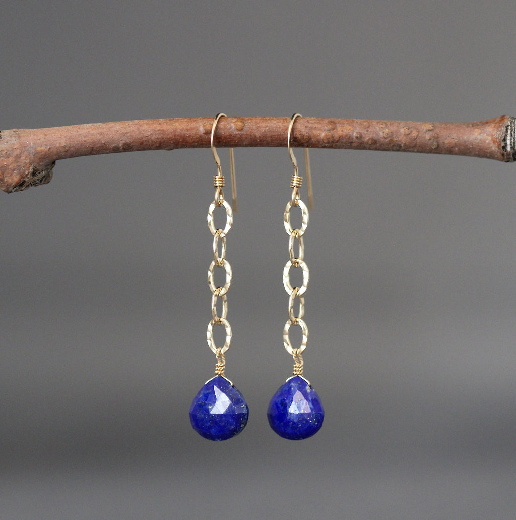 Lapis Lazuli Teardrop Dangle Earrings on Gold Filled Hammered Links