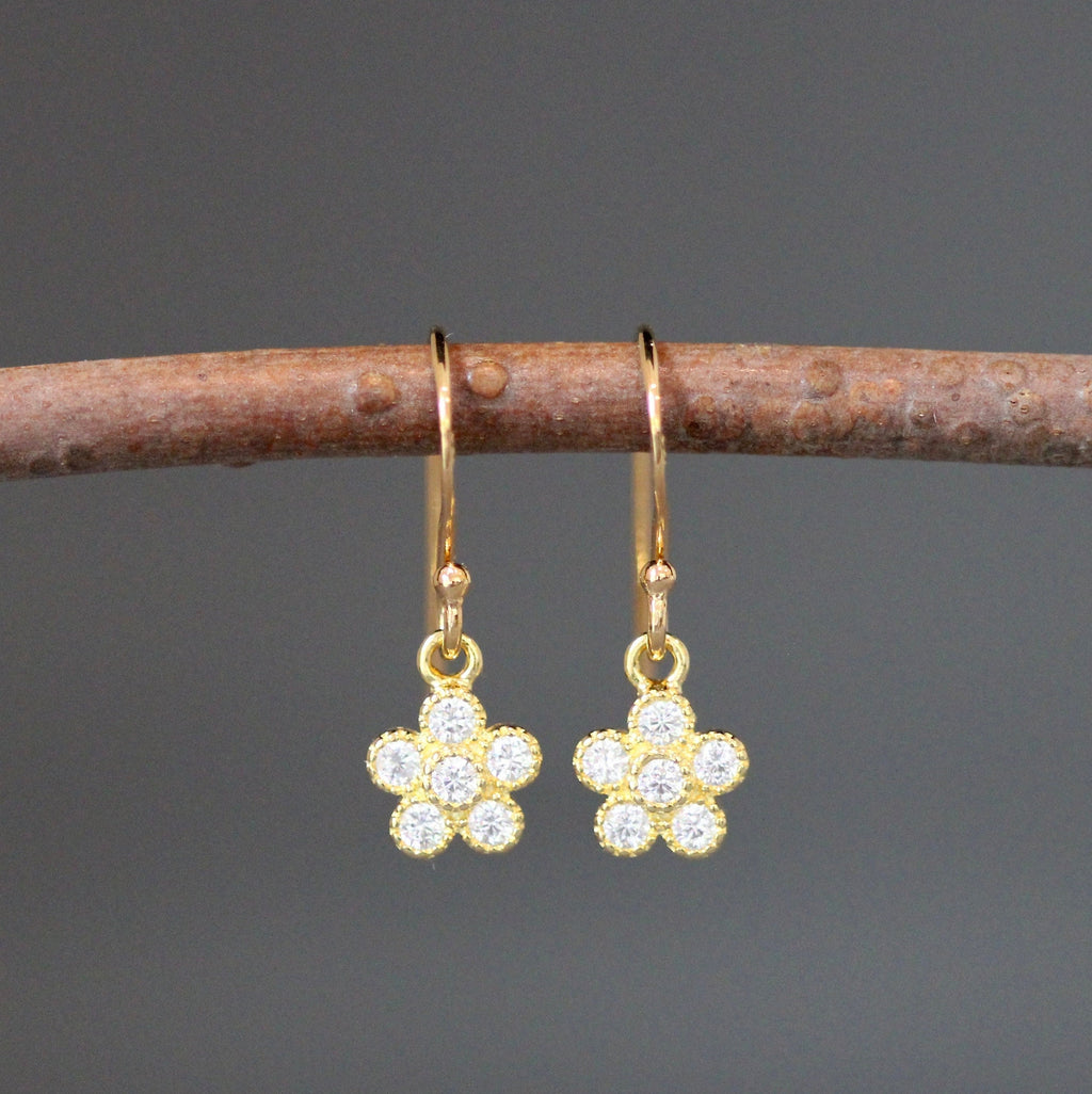 Gold Vermeil Flower Charm Earrings with Cubic Zirconia