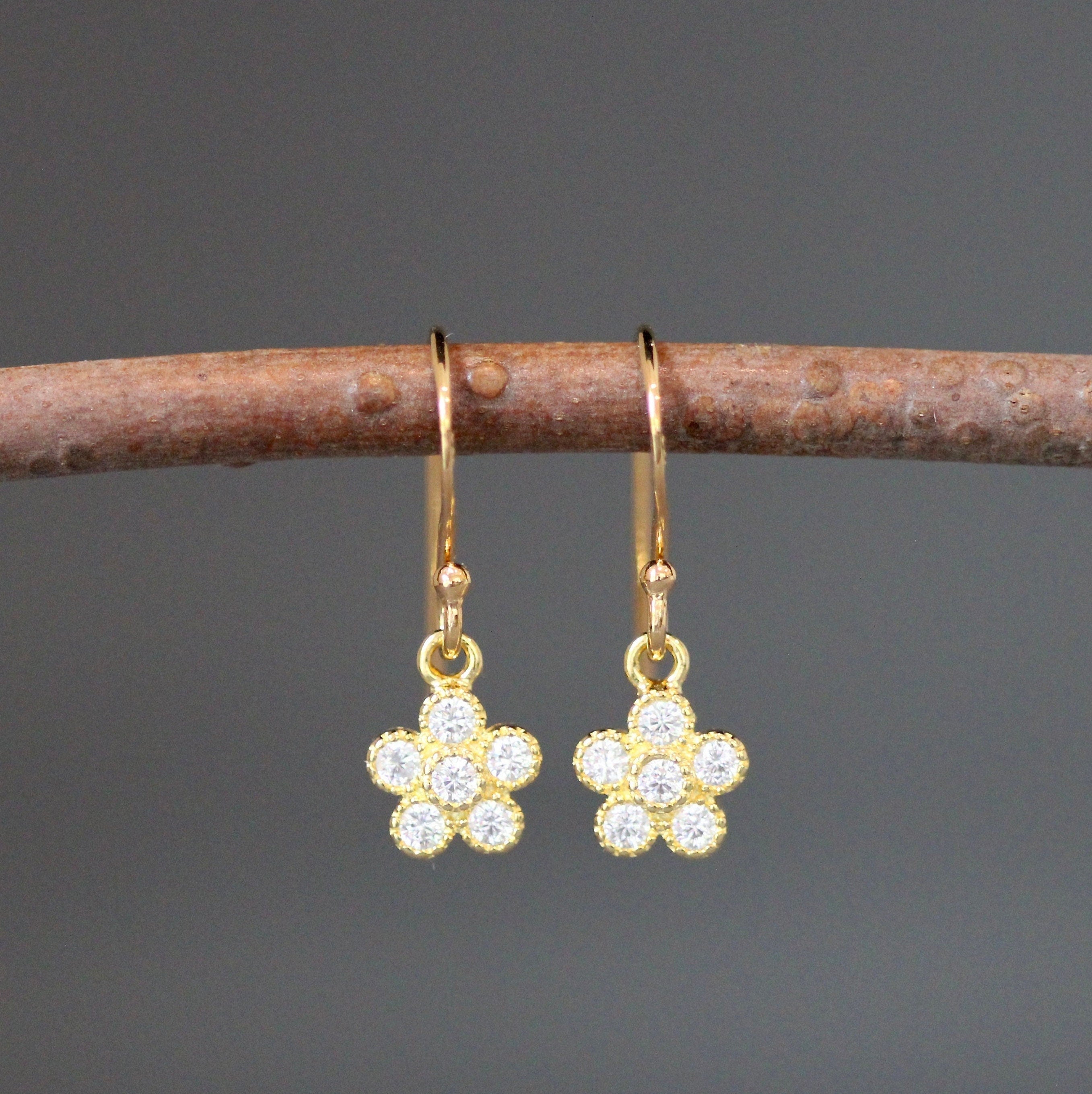 Gold Vermeil Flower Charm Earrings with Cubic Zirconia