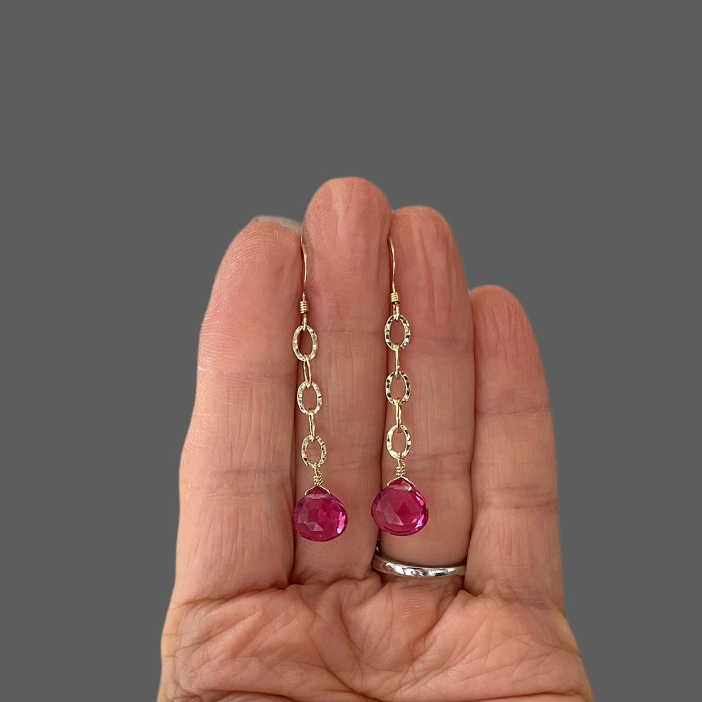Fuchsia Quartz Teardrop Dangle Earrings on Hammered Gold Filled Links