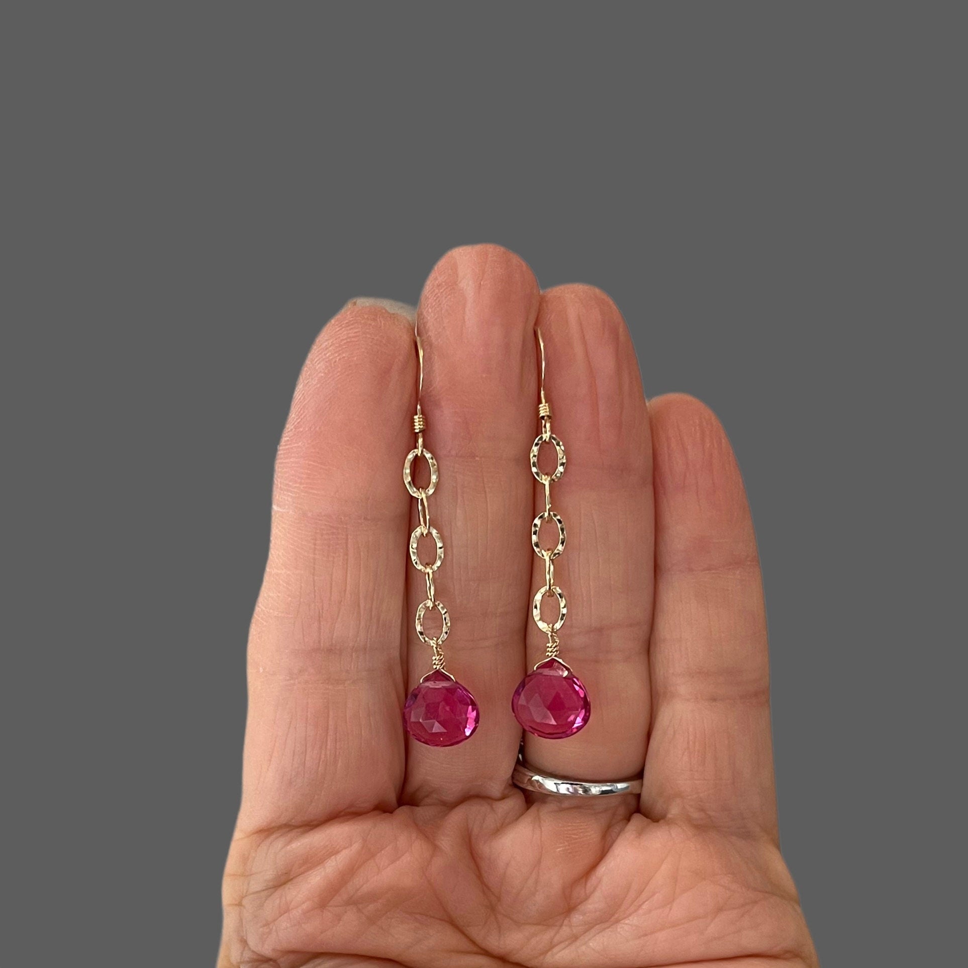 Fuchsia Quartz Teardrop Dangle Earrings on Hammered Gold Filled Links