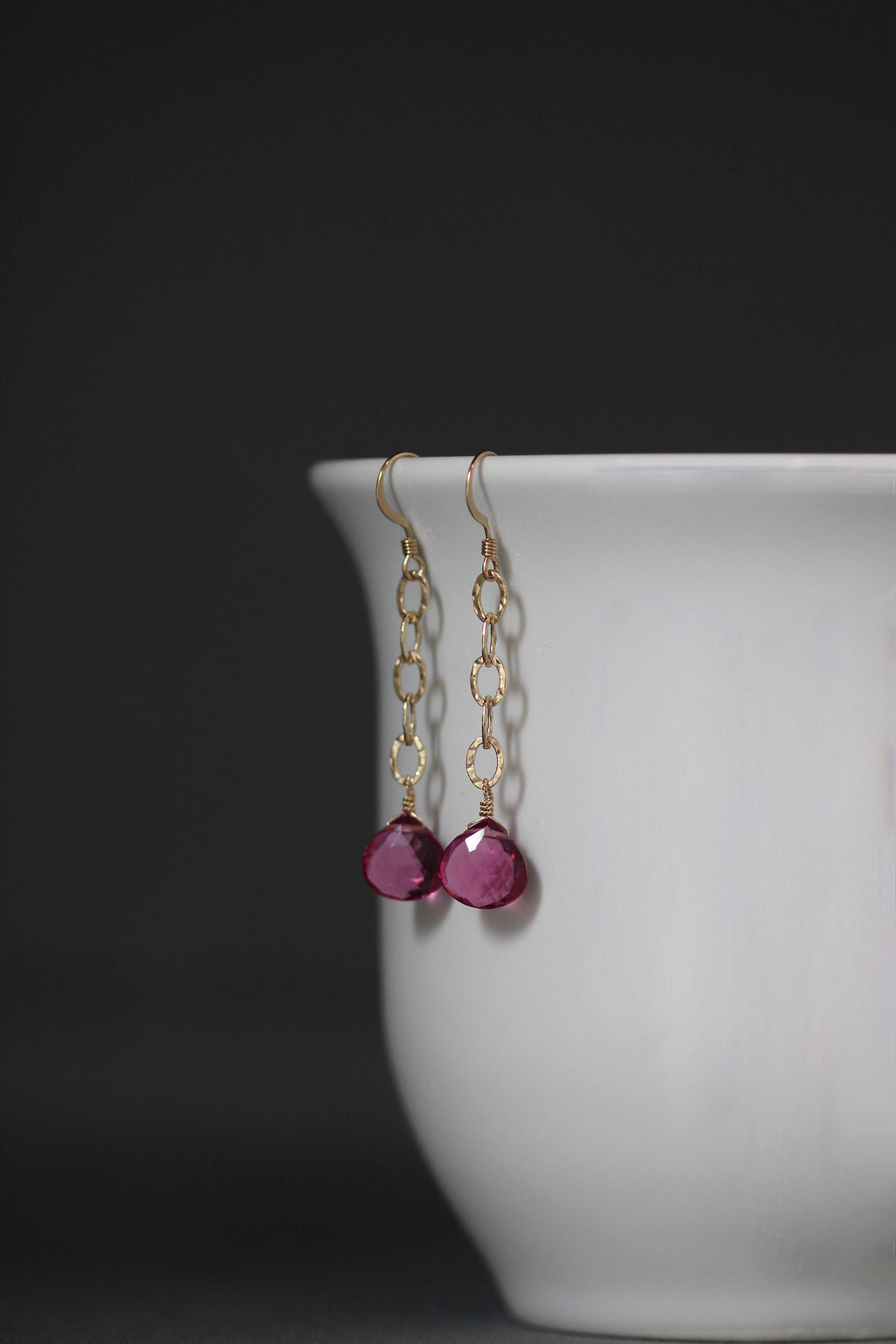 Fuchsia Quartz Teardrop Dangle Earrings on Hammered Gold Filled Links