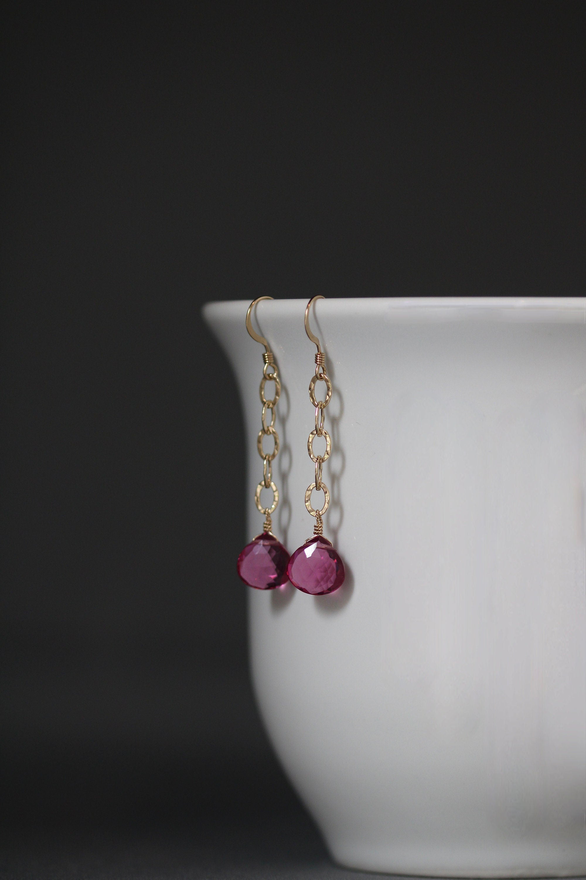Fuchsia Quartz Teardrop Dangle Earrings on Hammered Gold Filled Links