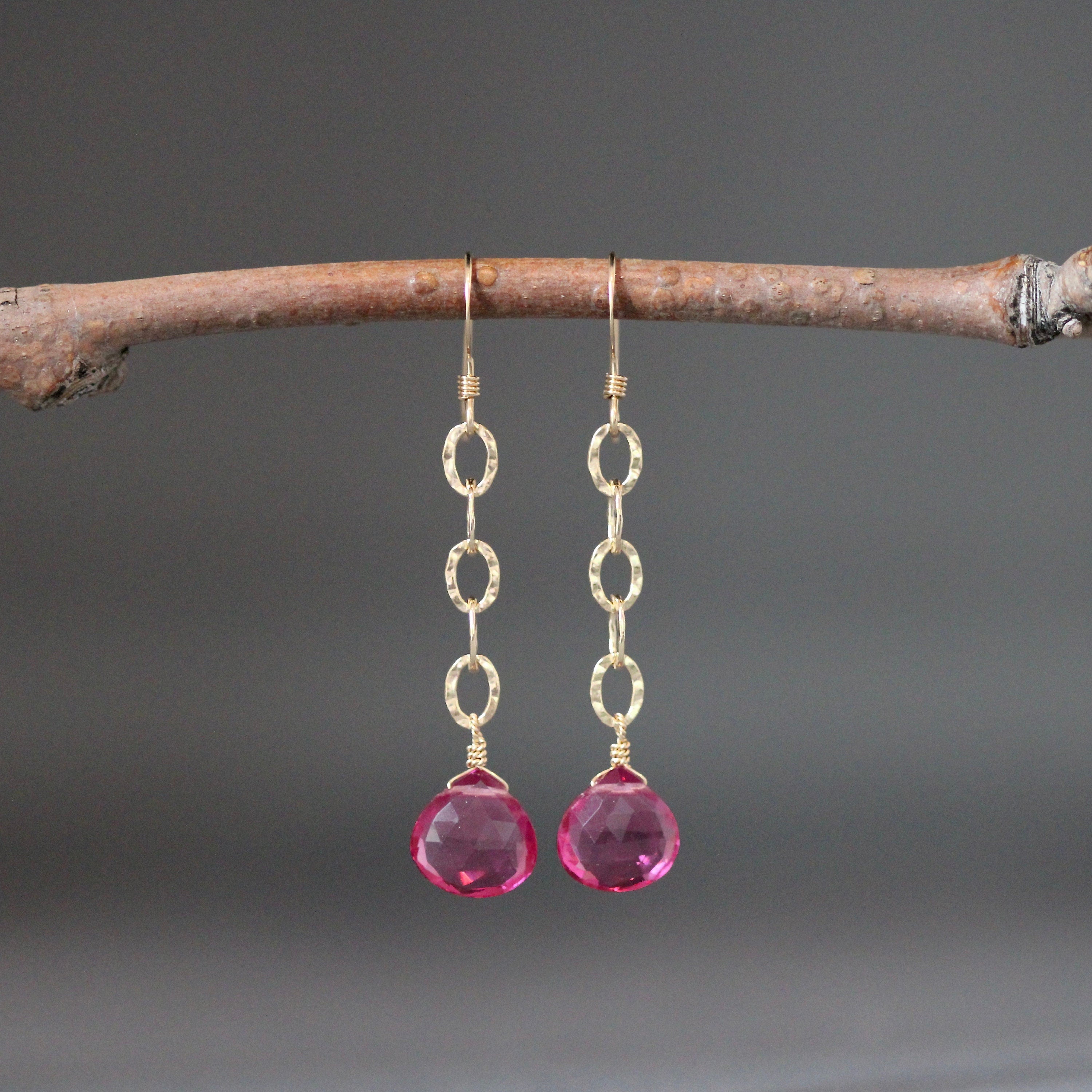 Fuchsia Quartz Teardrop Dangle Earrings on Hammered Gold Filled Links