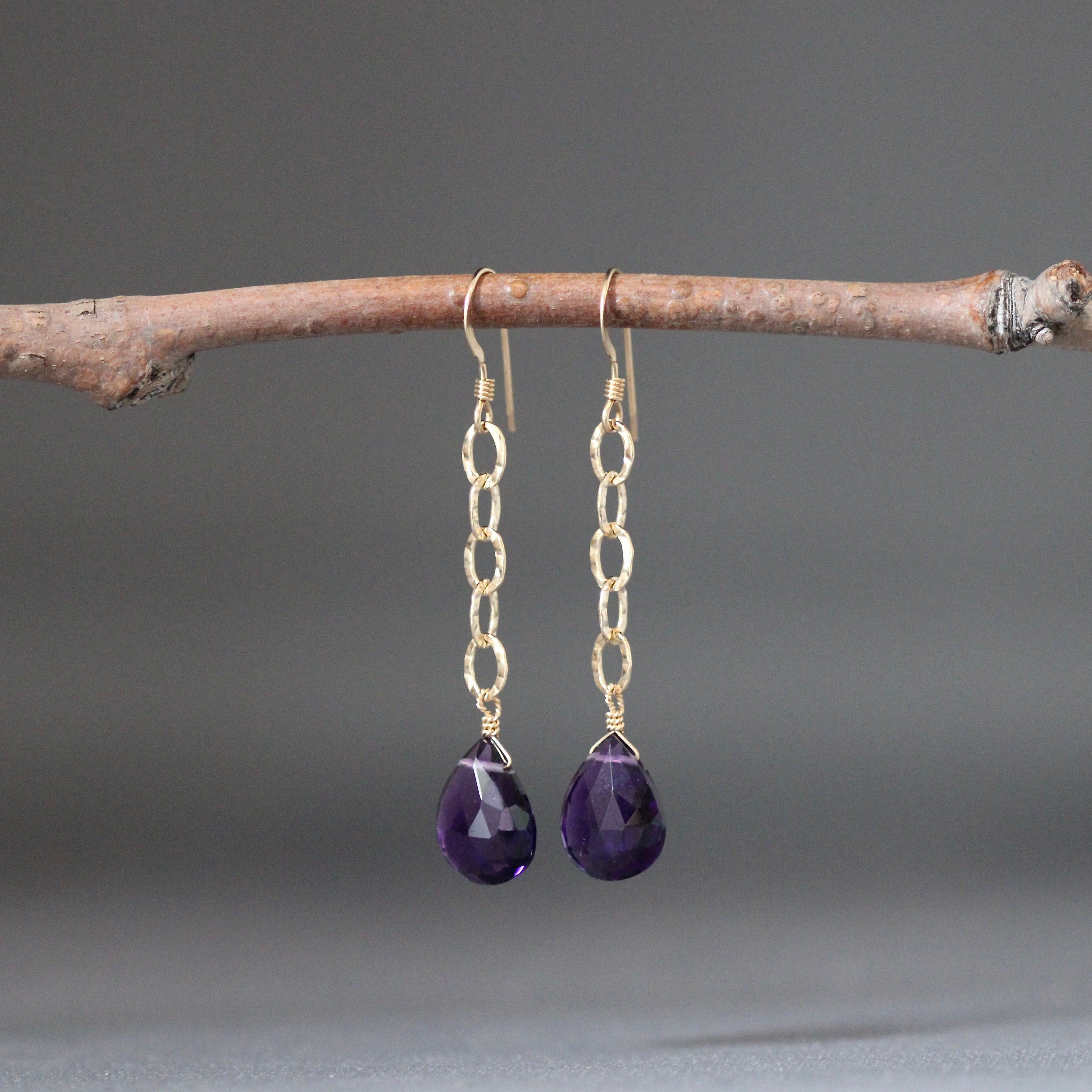 Amethyst Quartz Teardrop Earrings on Gold Filled Hammered Links