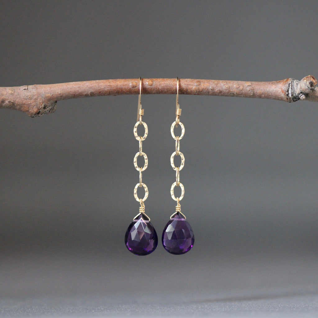 Amethyst Quartz Teardrop Earrings on Gold Filled Hammered Links