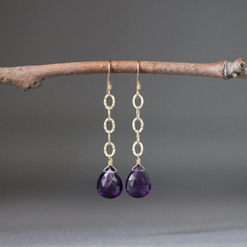 Amethyst Quartz Teardrop Earrings on Gold Filled Hammered Links