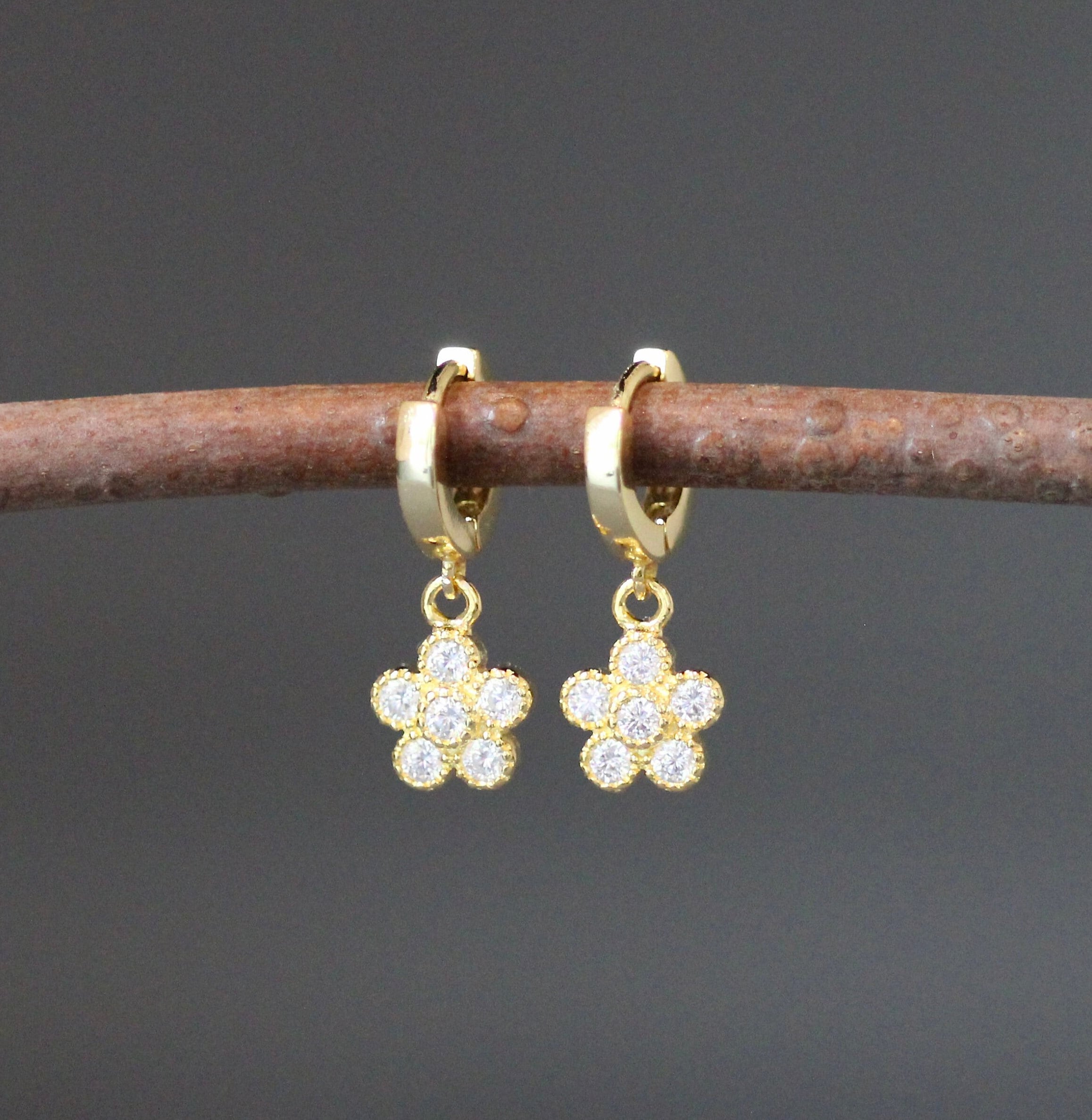 Cubic Zirconia Gold Vermeil Flower Charm Earrings on Huggie Hoops