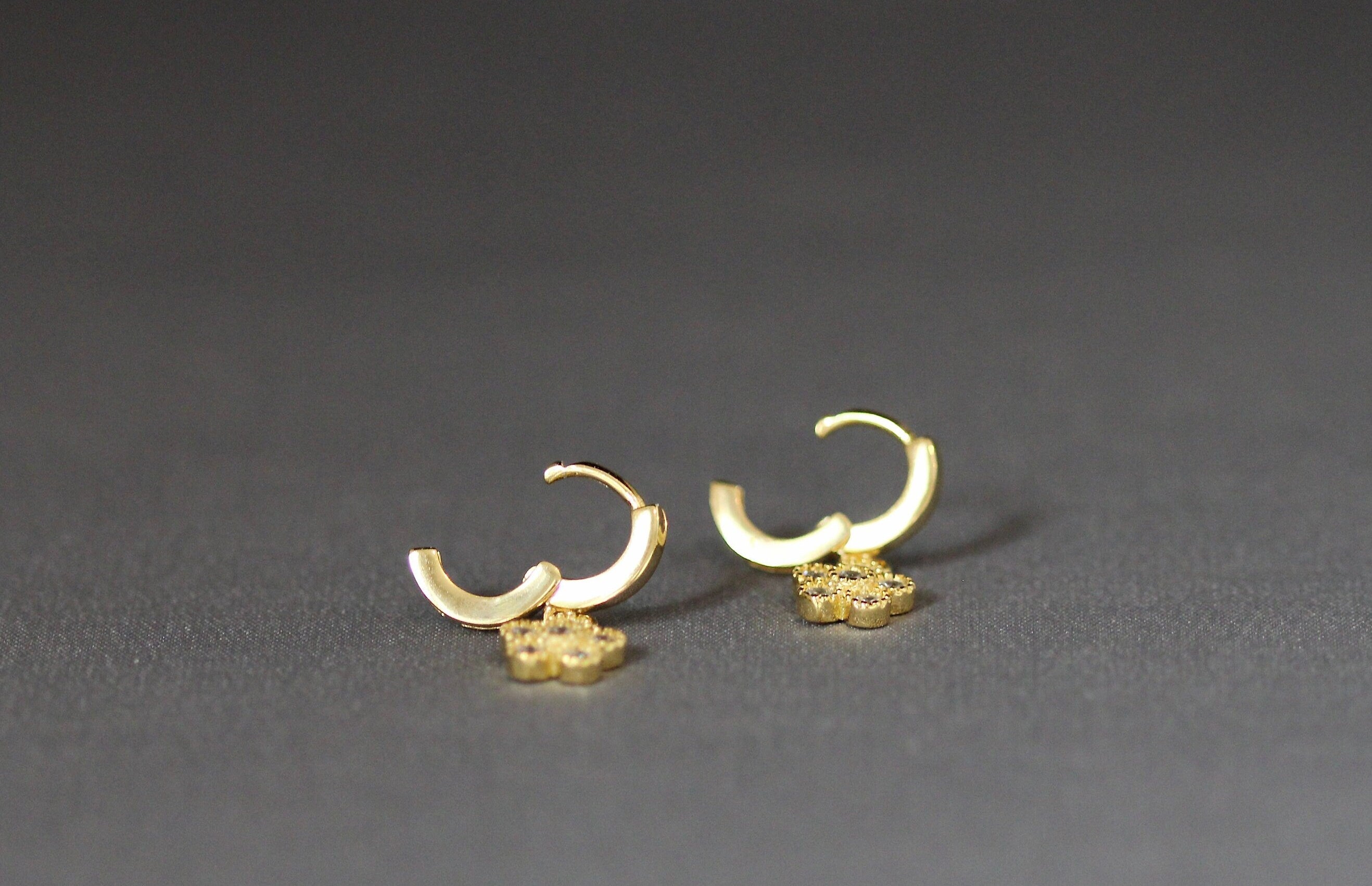 Cubic Zirconia Gold Vermeil Flower Charm Earrings on Huggie Hoops