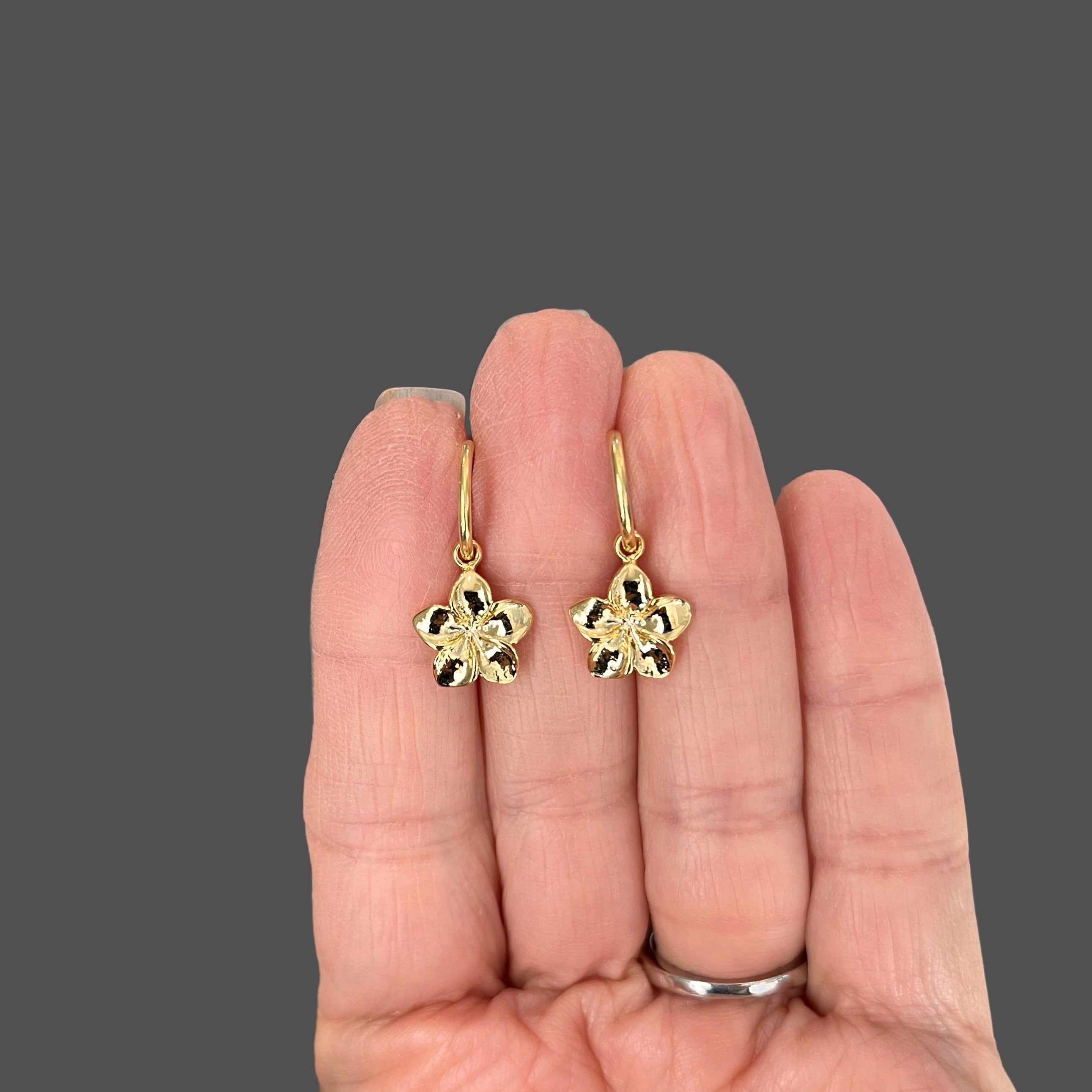 Plumeria Flower Charm Earrings with Gold Vermeil Post Hoops