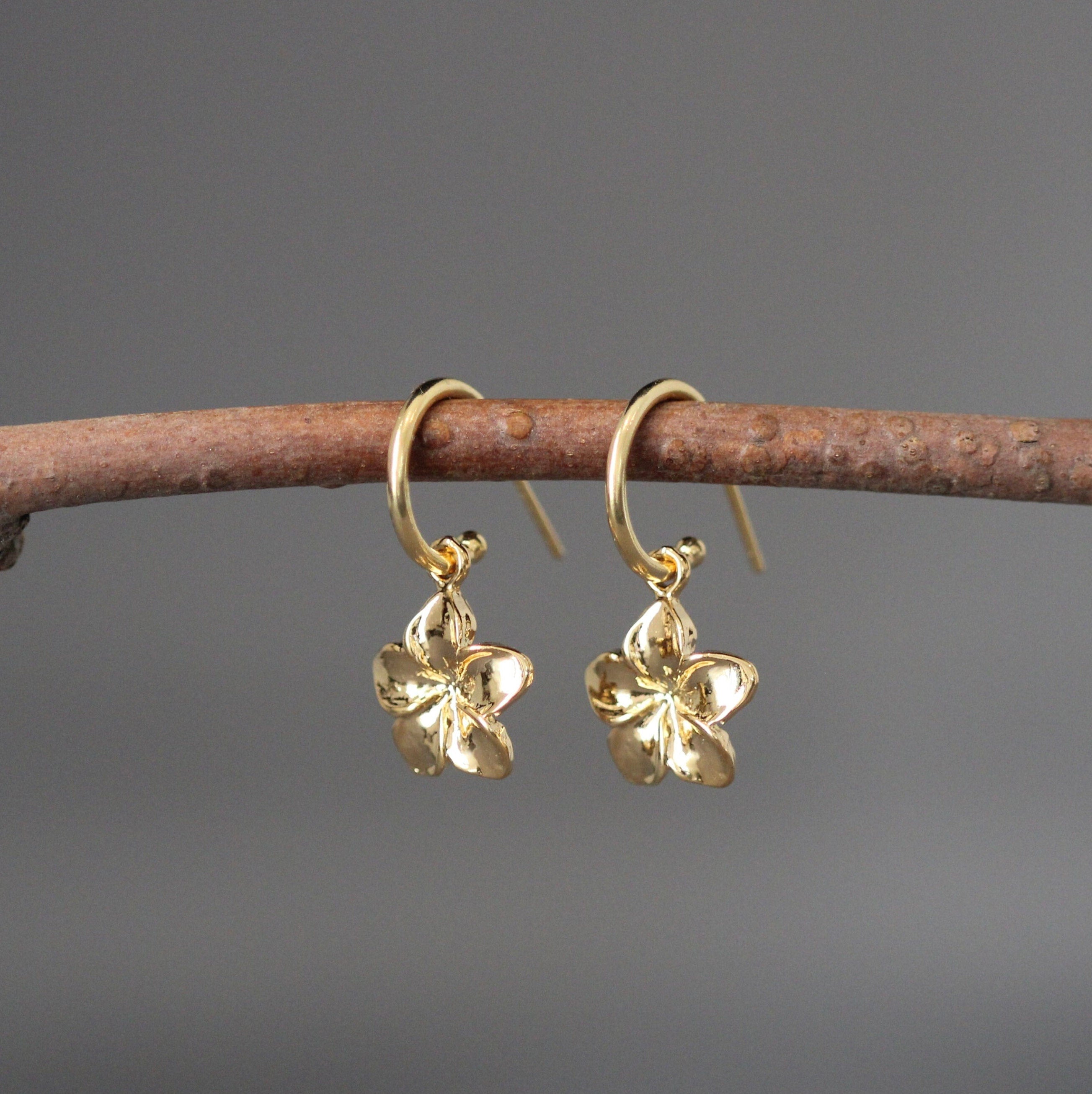 Plumeria Flower Charm Earrings with Gold Vermeil Post Hoops