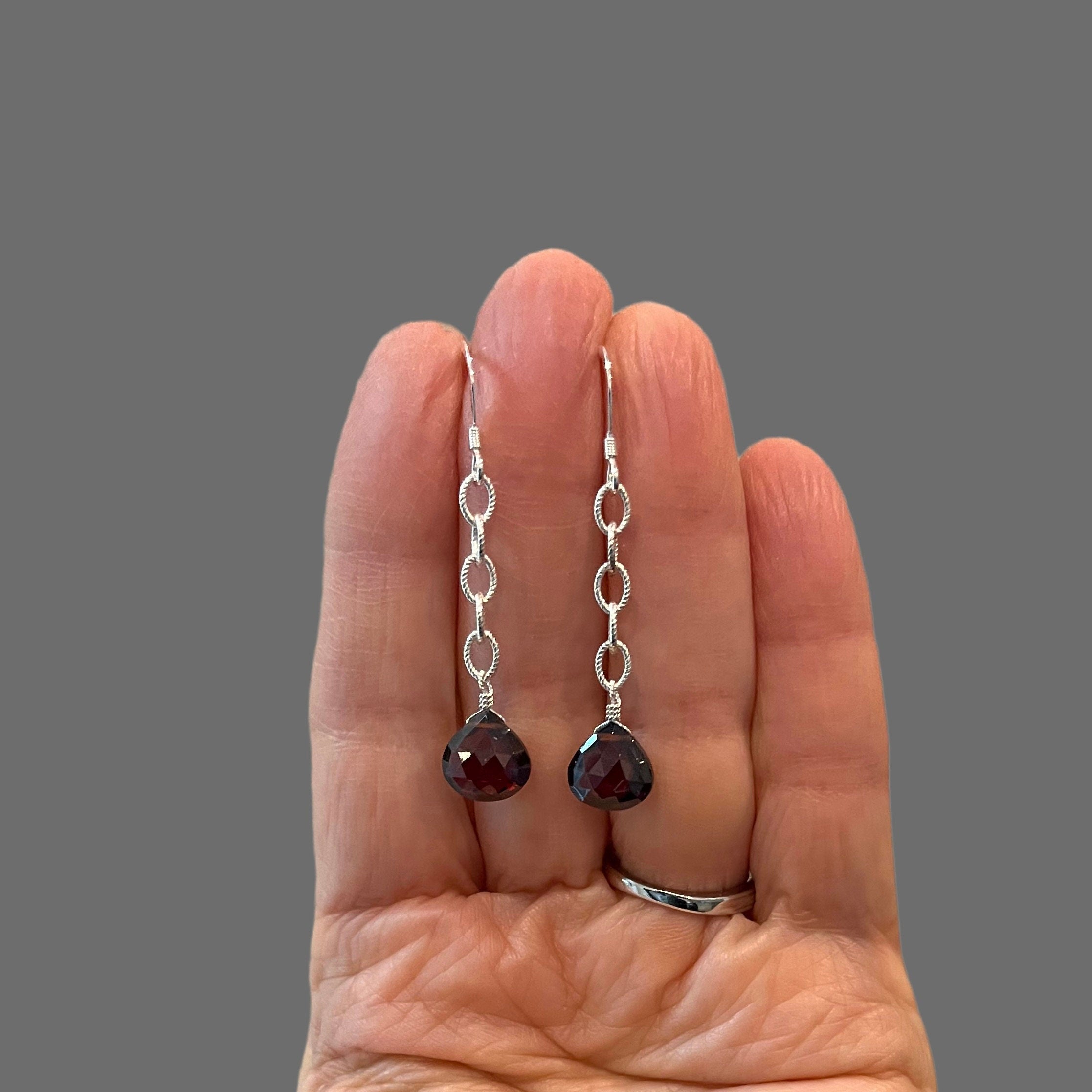 Red Garnet Quartz Teardrop Earrings on Sterling Silver Chain