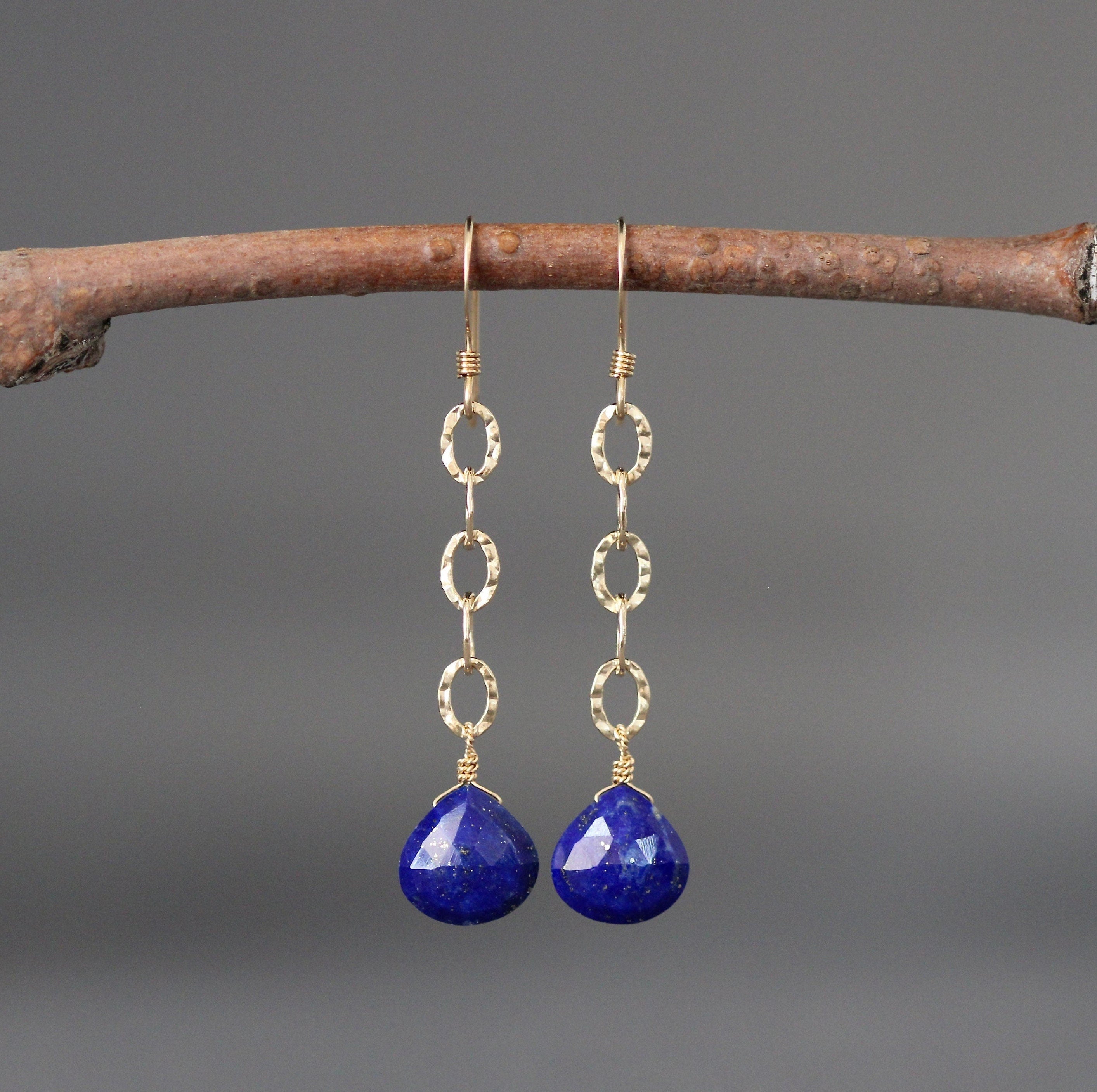 Lapis Lazuli Teardrop Dangle Earrings on Gold Filled Hammered Links