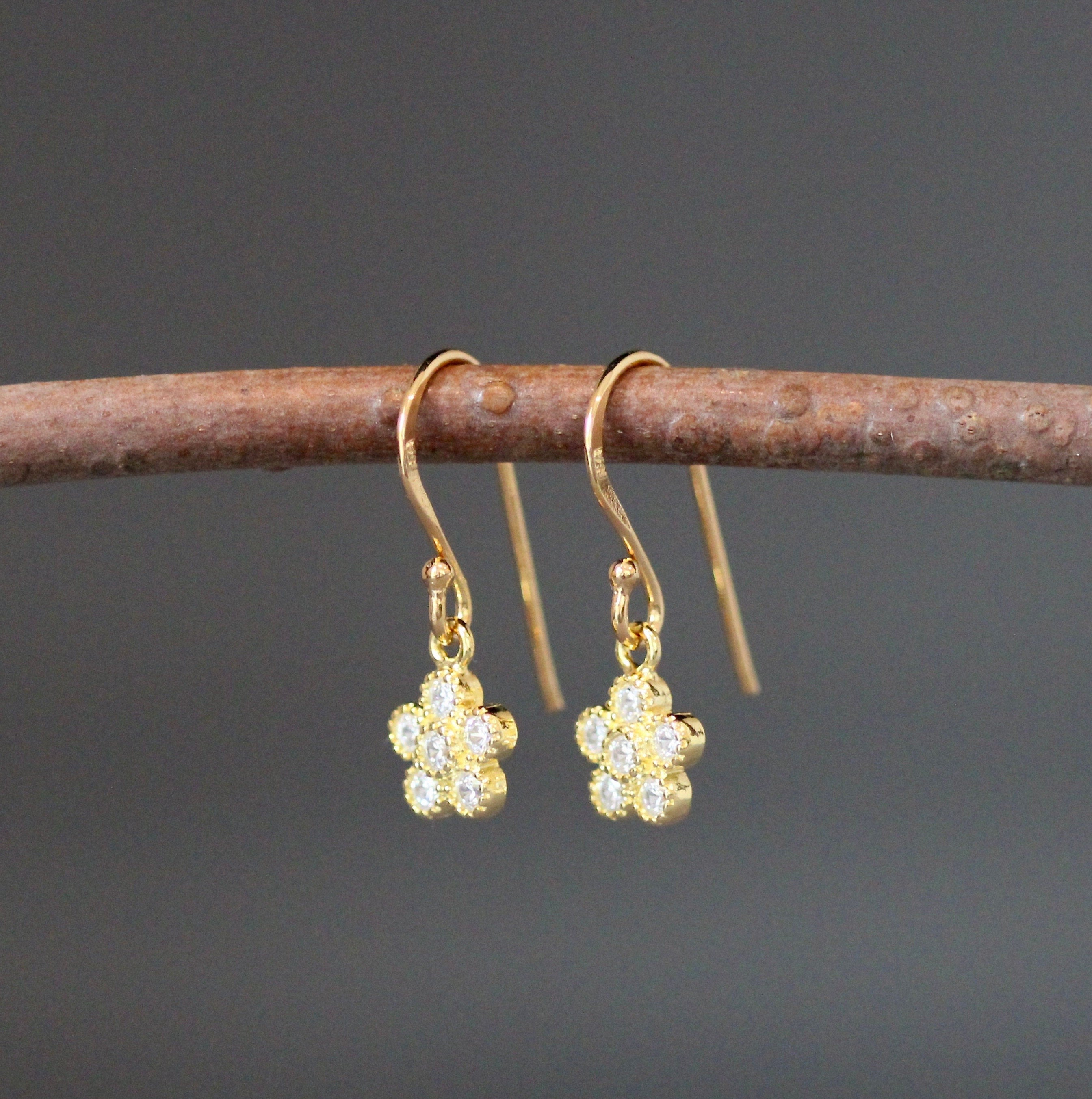 Gold Vermeil Flower Charm Earrings with Cubic Zirconia