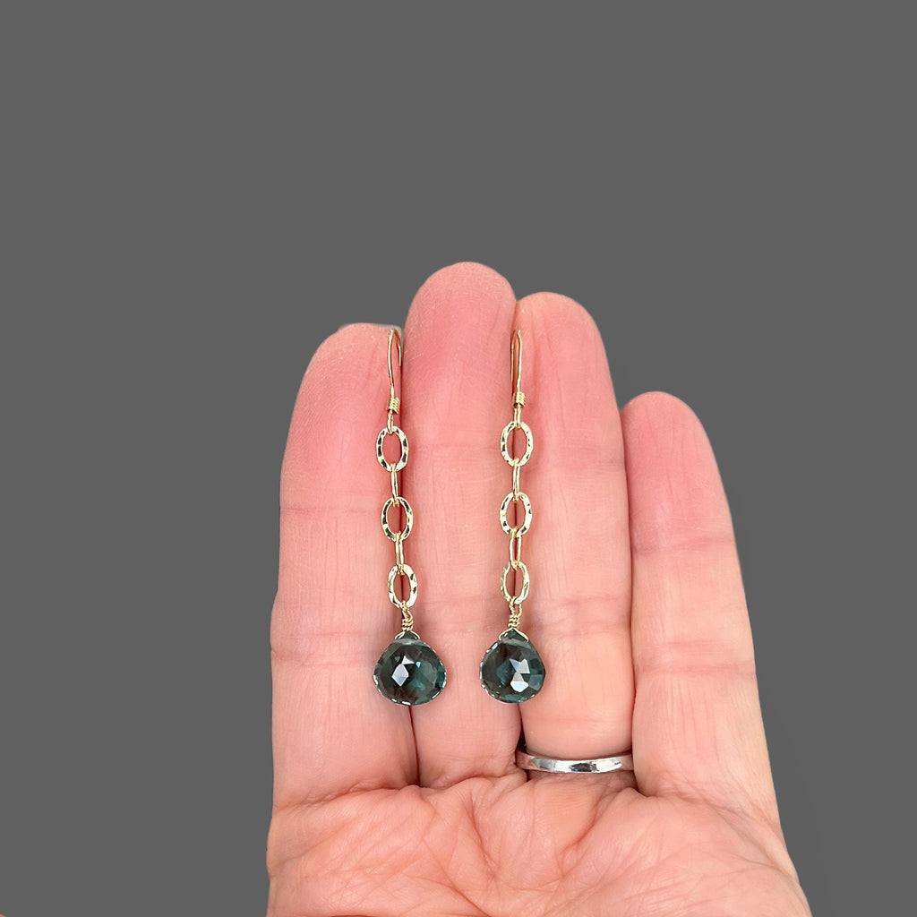 Green Quartz and Hammered Gold Filled Long Dangle Earrings