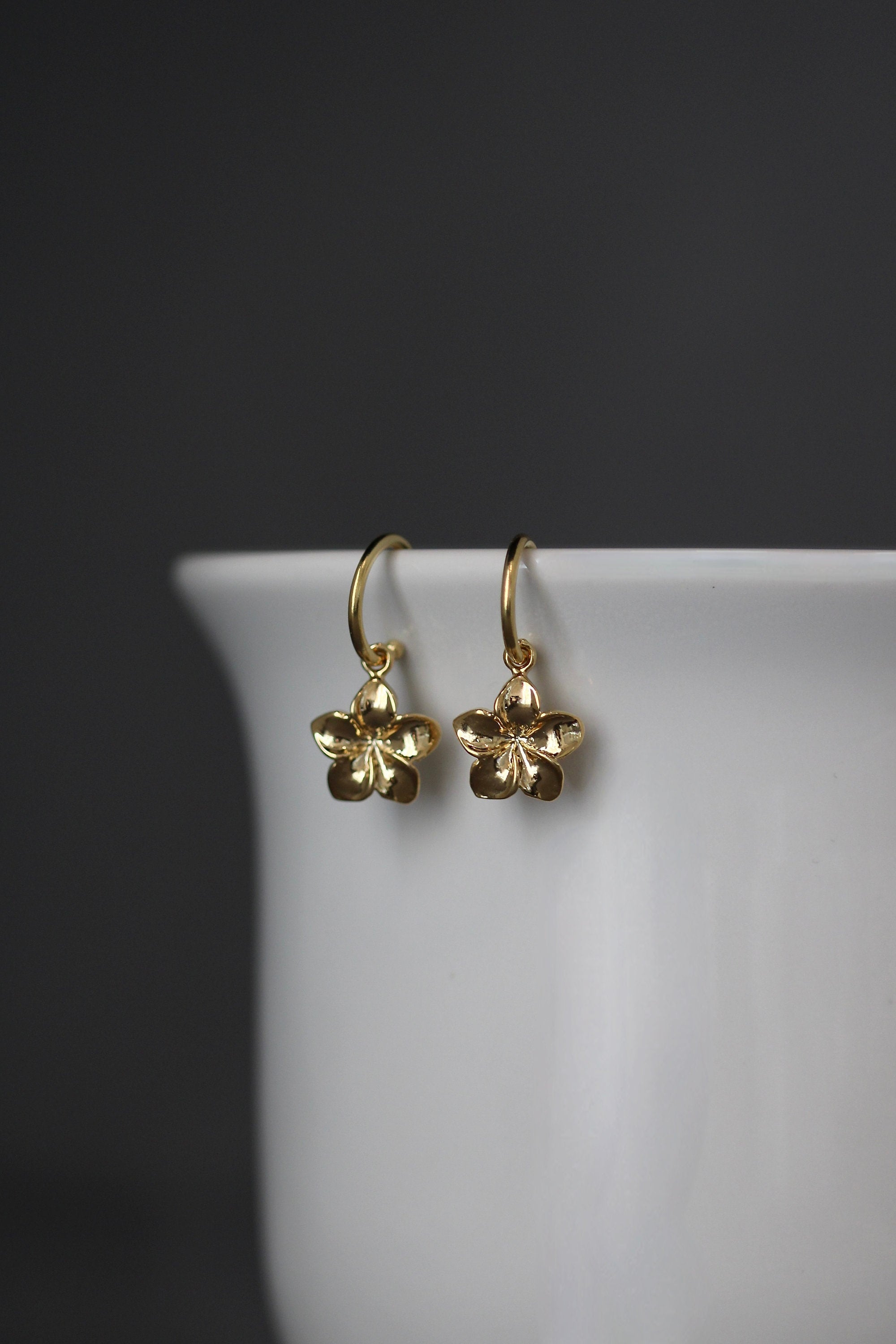 Plumeria Flower Charm Earrings with Gold Vermeil Post Hoops