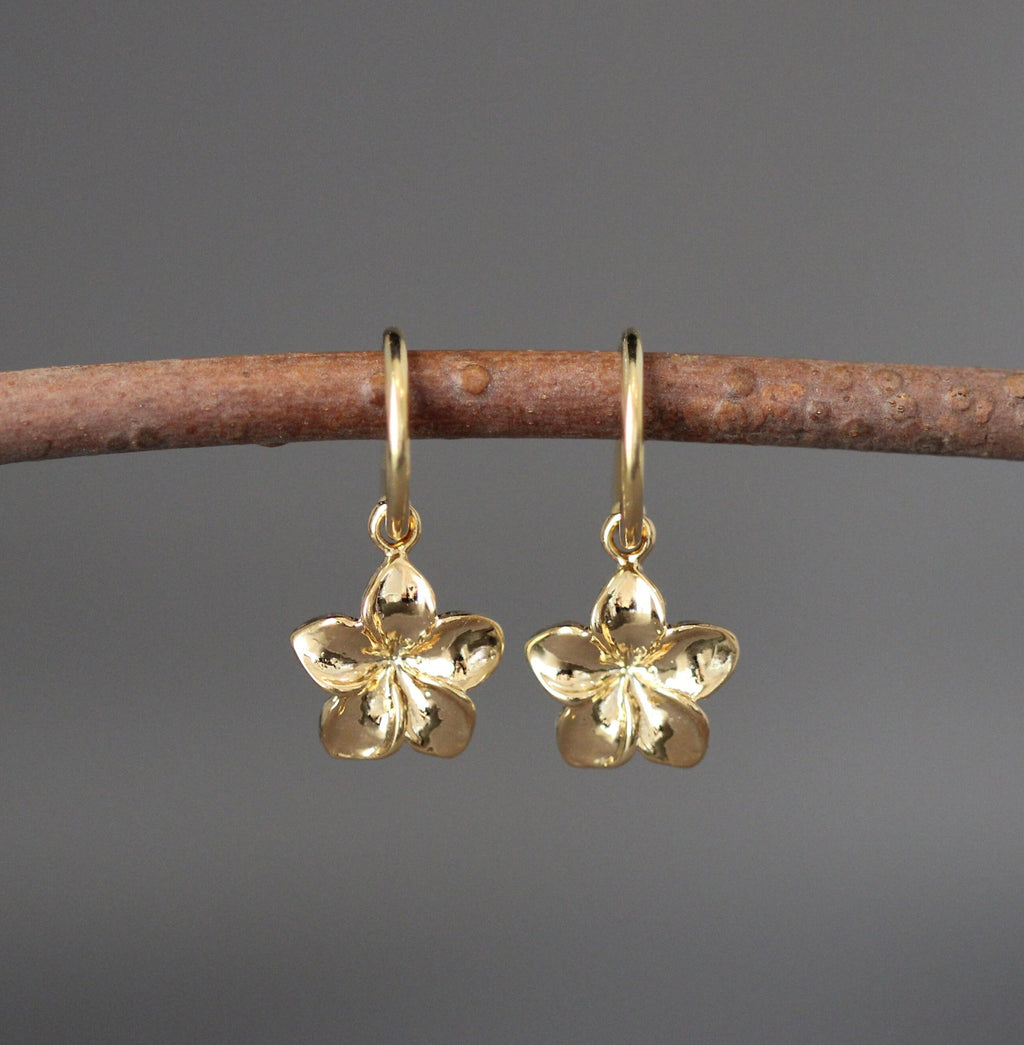 Plumeria Flower Charm Earrings with Gold Vermeil Post Hoops