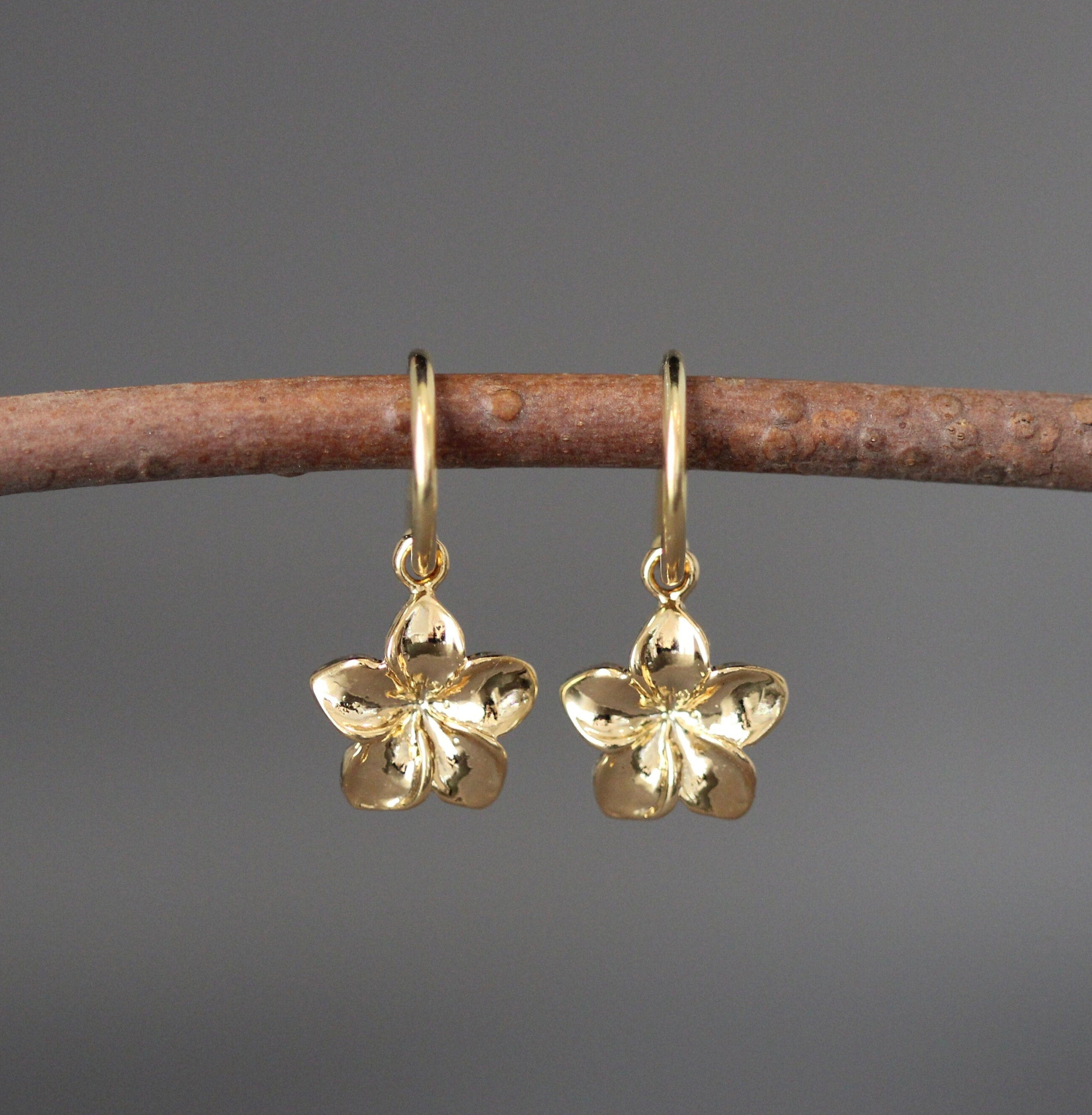 Plumeria Flower Charm Earrings with Gold Vermeil Post Hoops