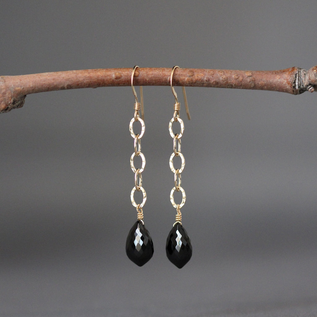 Black Spinel Marquise and Hammered Gold Filled Link Long Dangle Earrings