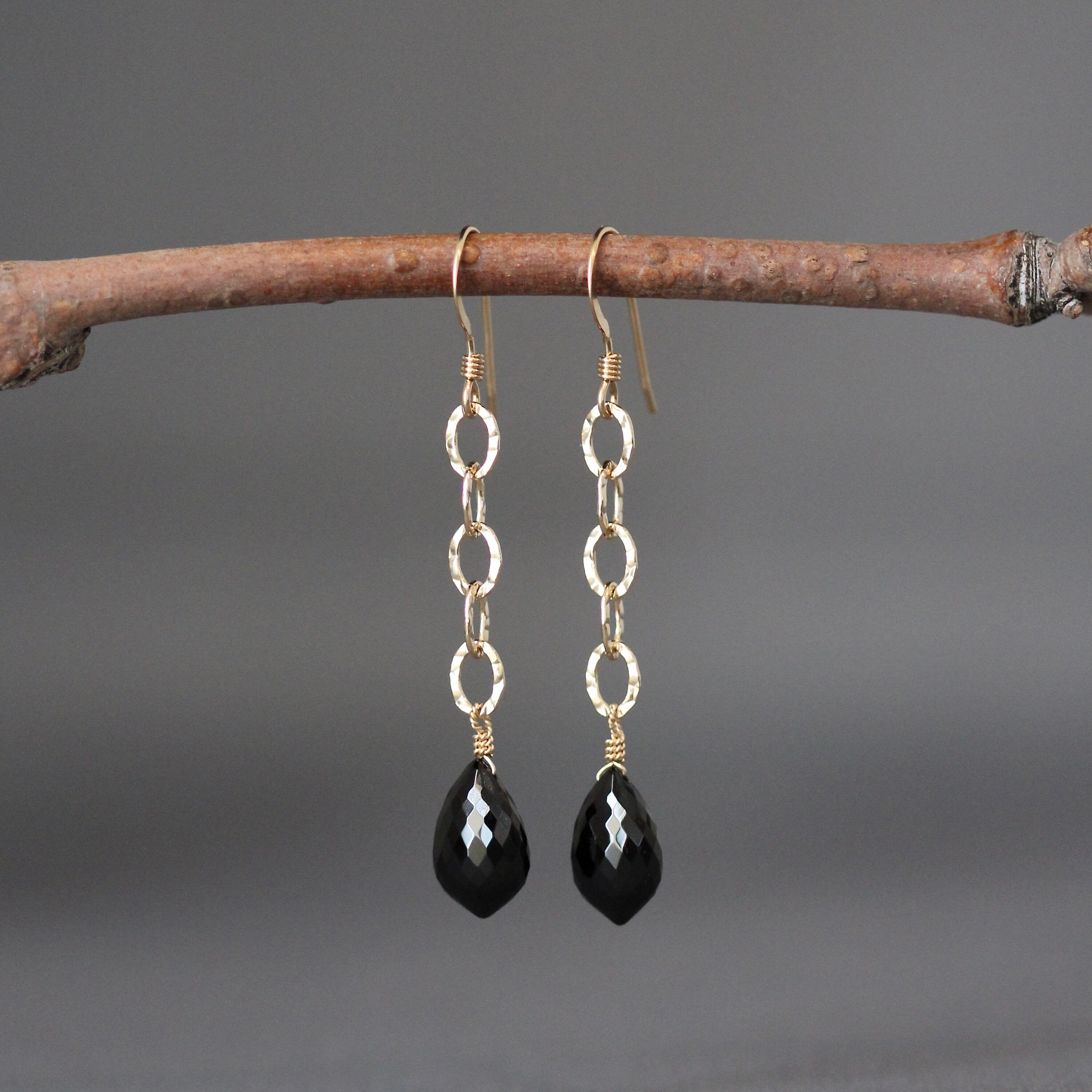 Black Spinel Marquise and Hammered Gold Filled Link Long Dangle Earrings