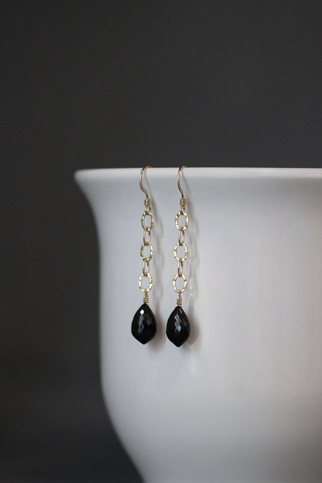 Black Spinel Marquise and Hammered Gold Filled Link Long Dangle Earrings