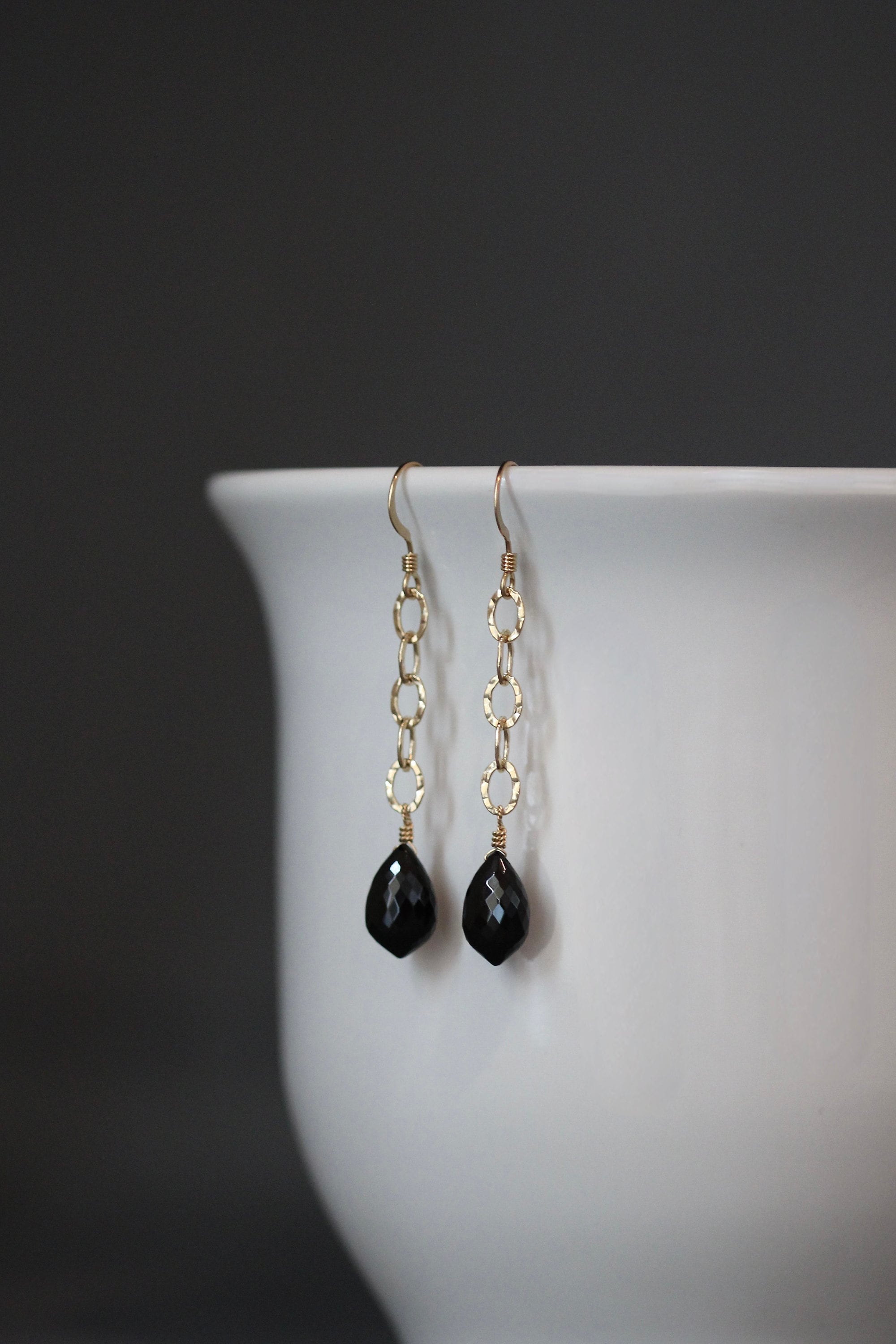 Black Spinel Marquise and Hammered Gold Filled Link Long Dangle Earrings
