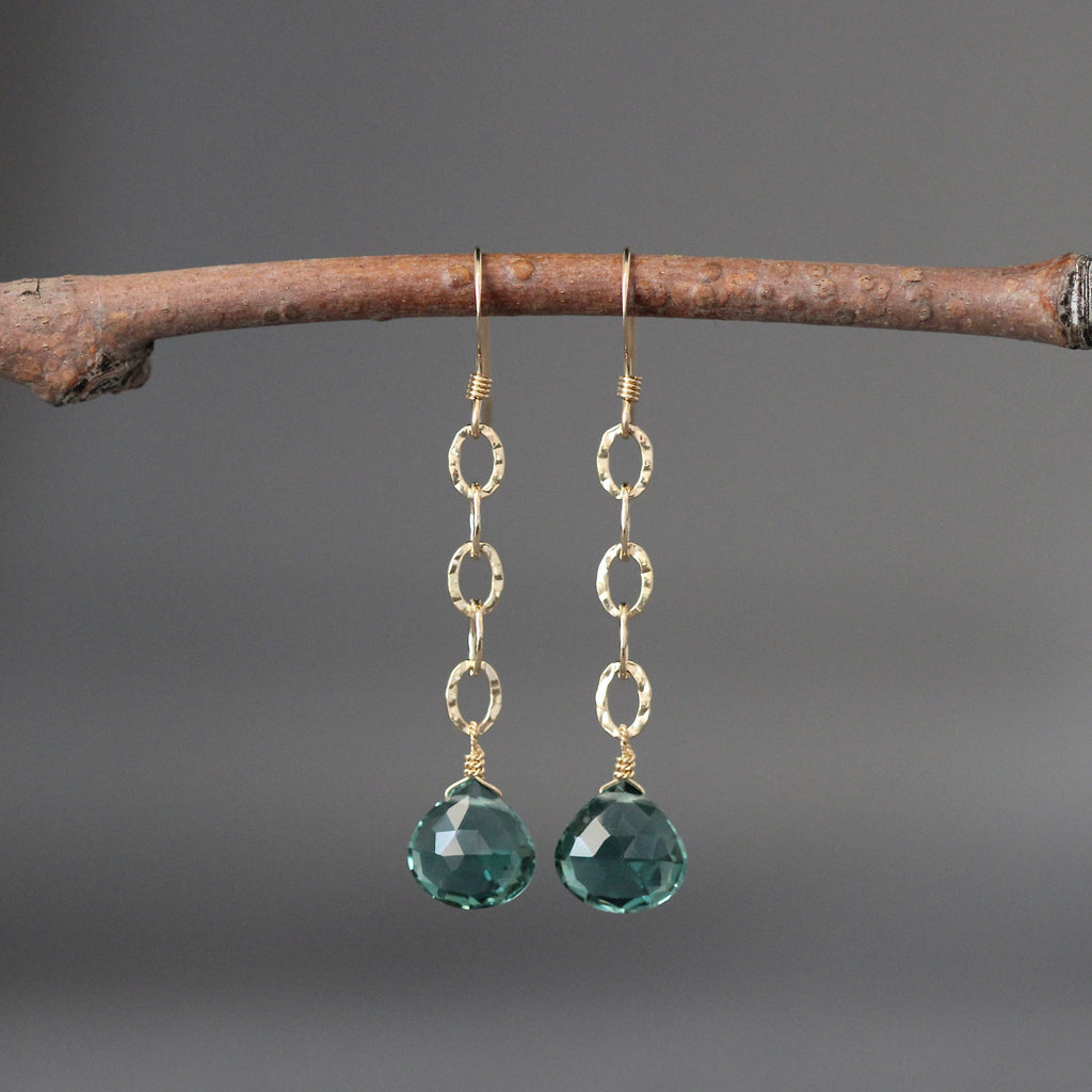 Green Quartz and Hammered Gold Filled Long Dangle Earrings