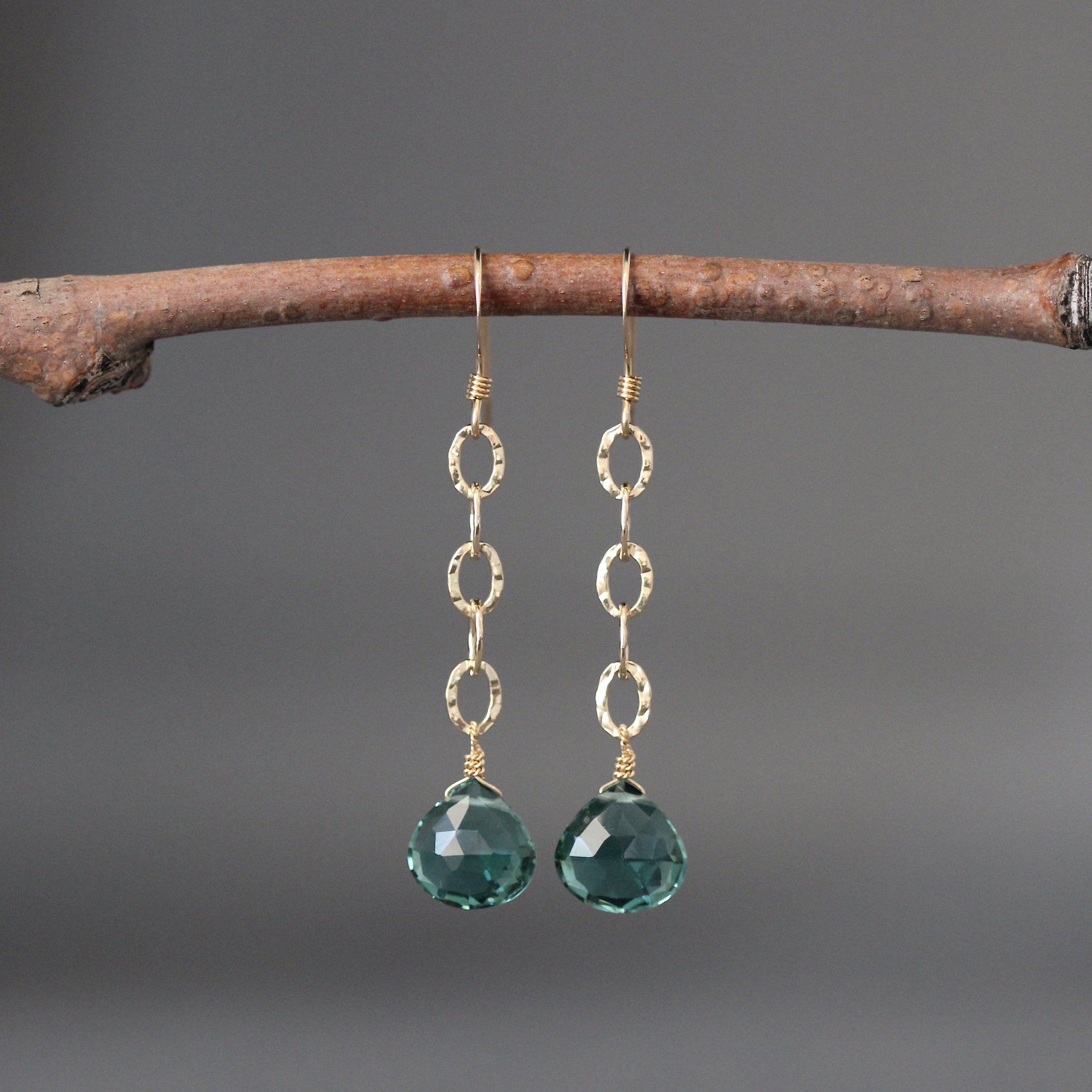 Green Quartz and Hammered Gold Filled Long Dangle Earrings