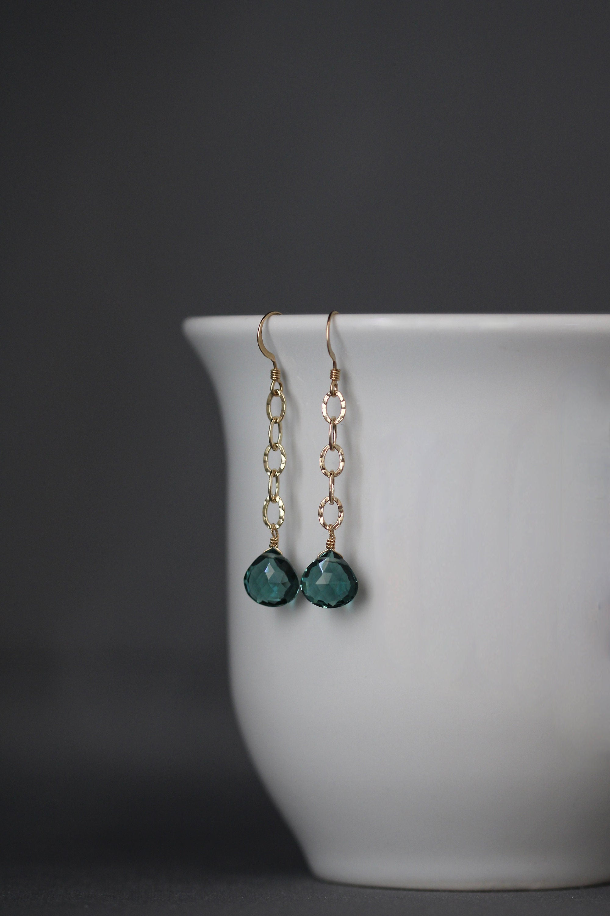 Green Quartz and Hammered Gold Filled Long Dangle Earrings