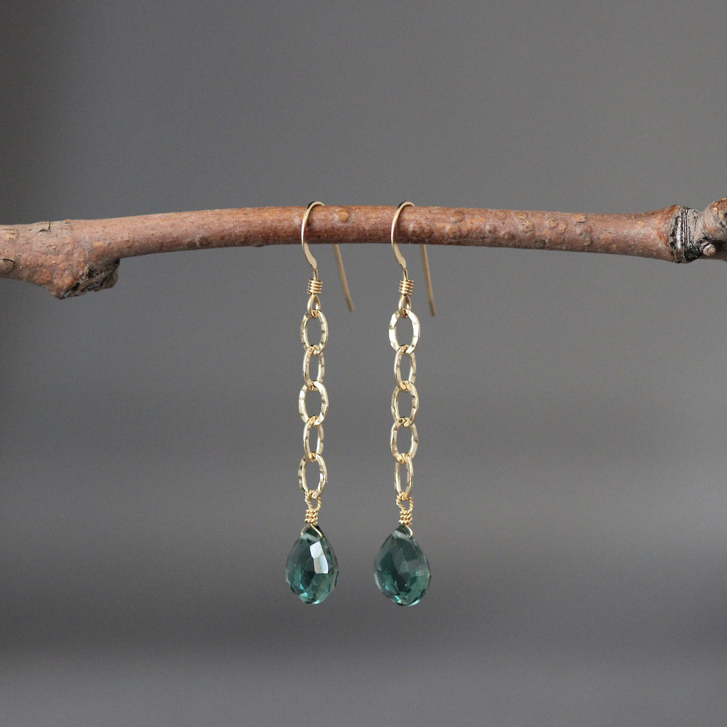 Green Quartz and Hammered Gold Filled Long Dangle Earrings