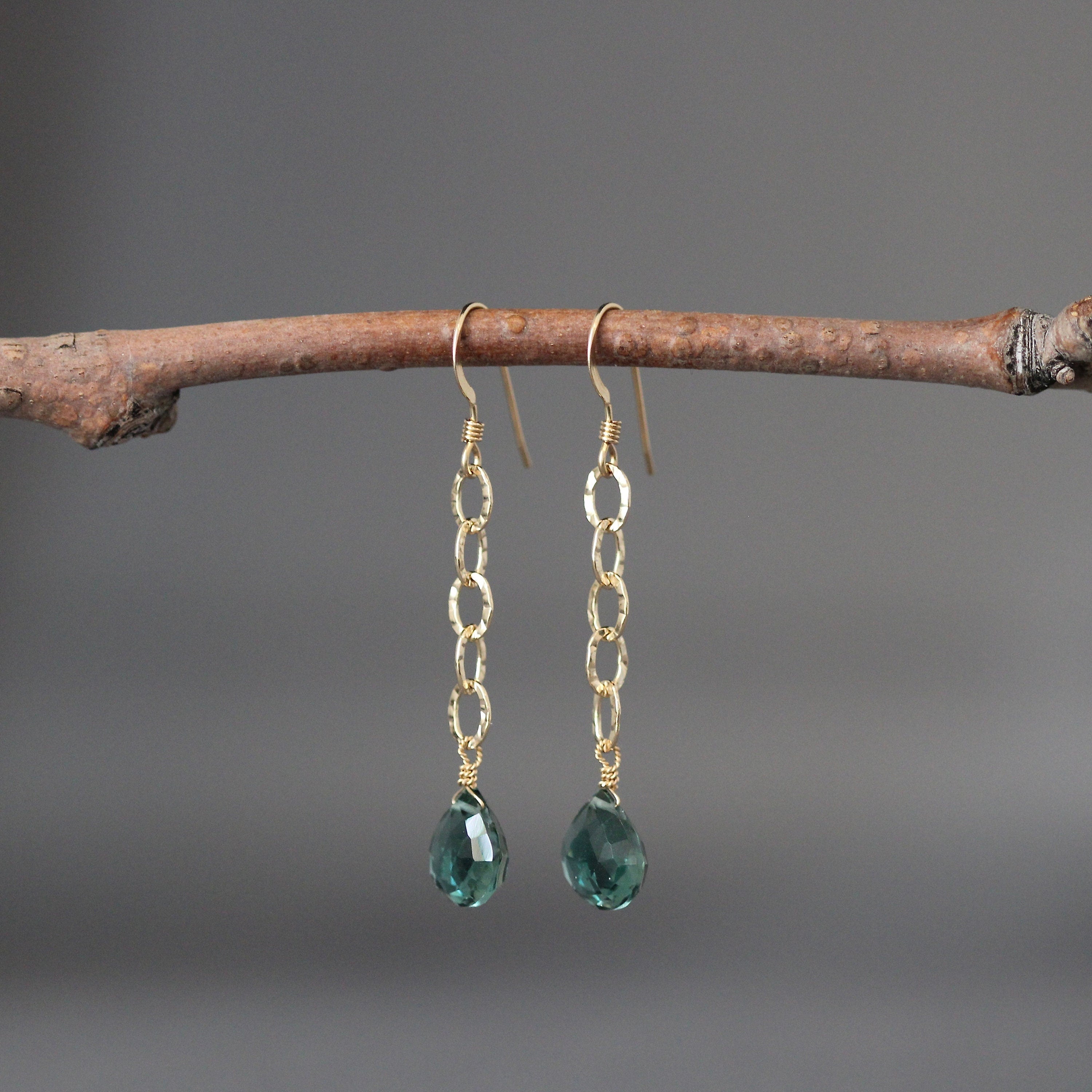 Green Quartz and Hammered Gold Filled Long Dangle Earrings