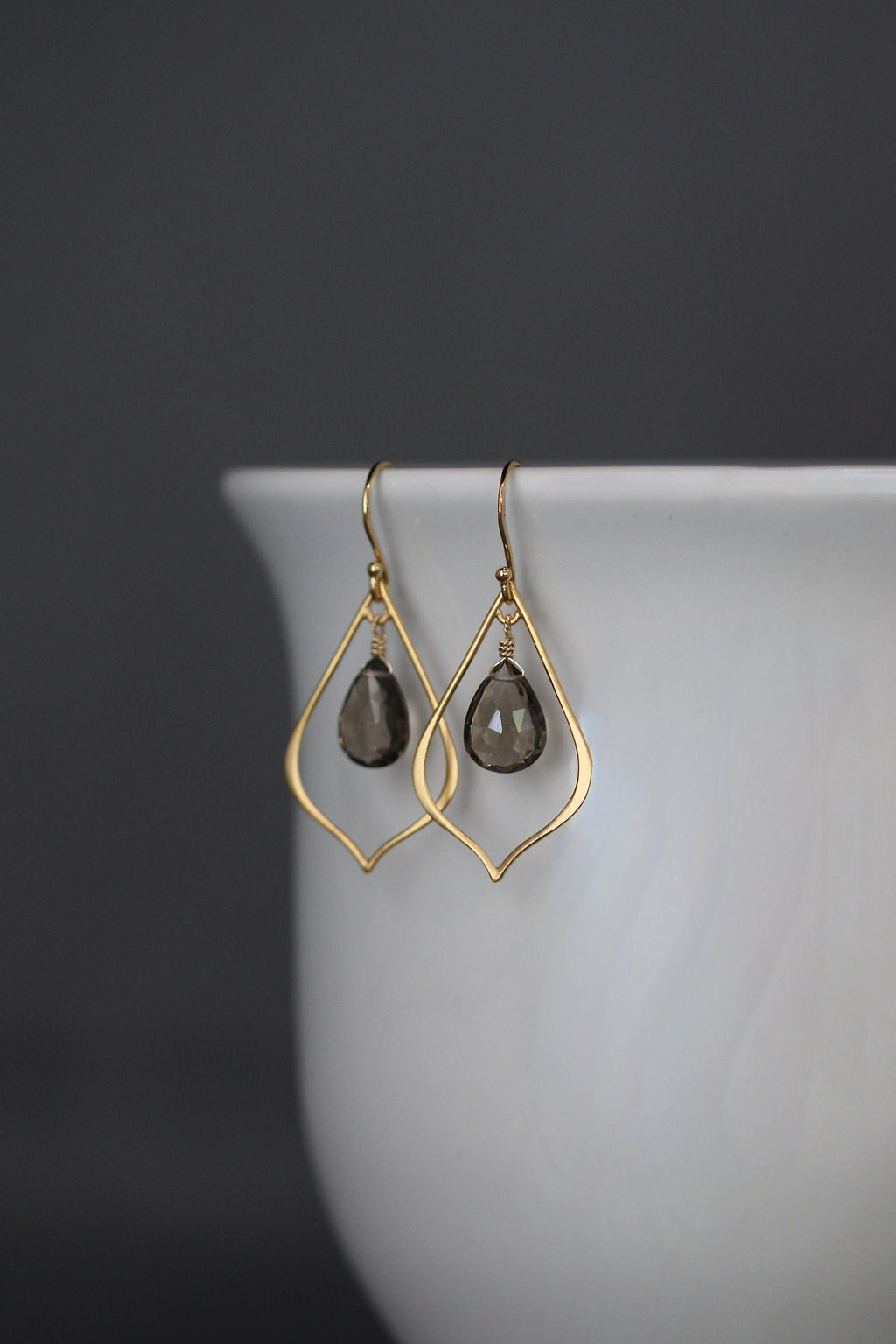 Smoky Quartz Teardrop Dangle Earrings on Matte Gold Vermeil Links