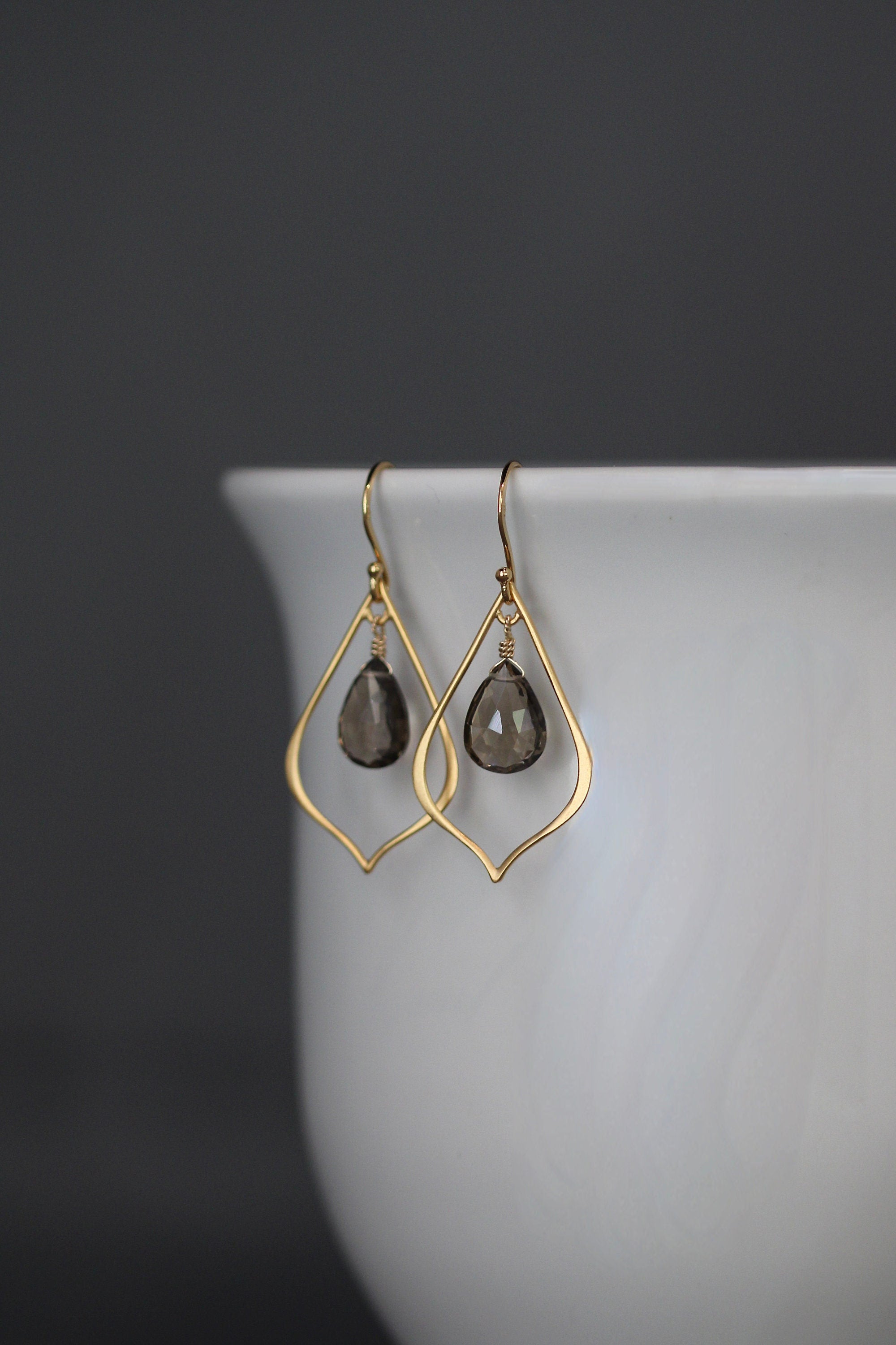 Smoky Quartz Teardrop Dangle Earrings on Matte Gold Vermeil Links