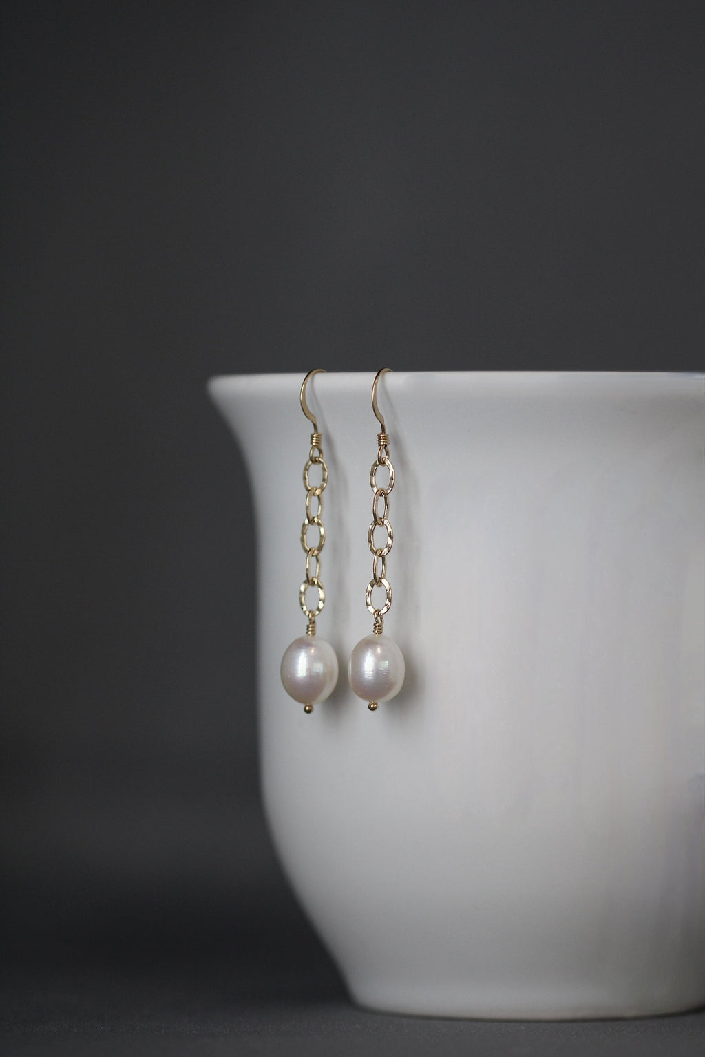 Freshwater Pearl and Hammered Gold Filled Dangle Earrings