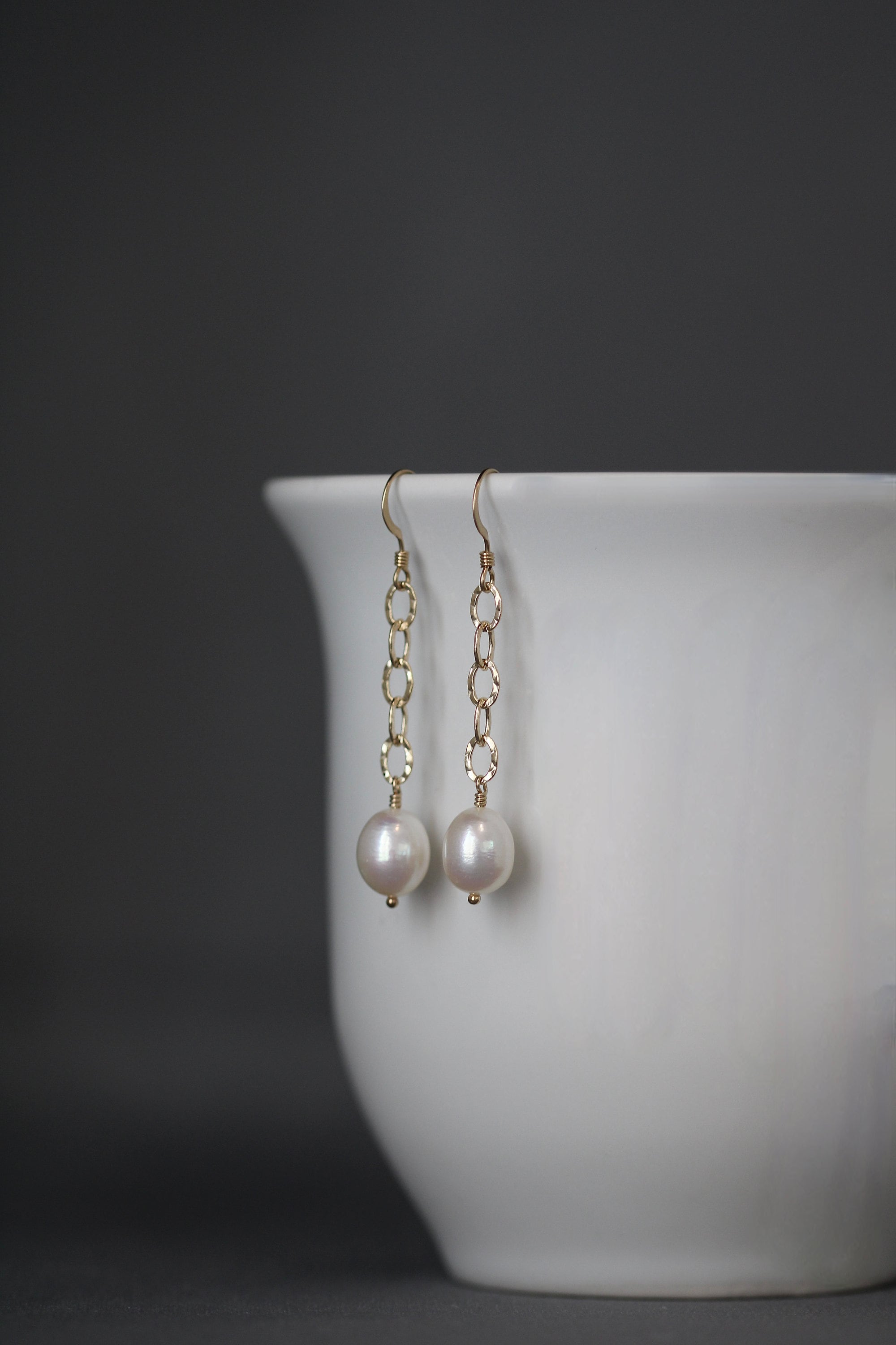 Freshwater Pearl and Hammered Gold Filled Dangle Earrings