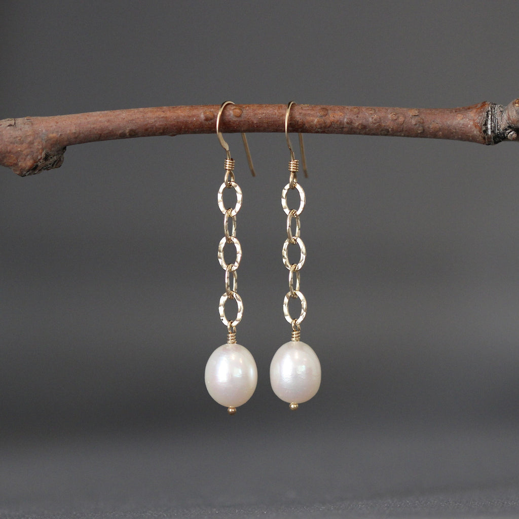 Freshwater Pearl and Hammered Gold Filled Dangle Earrings