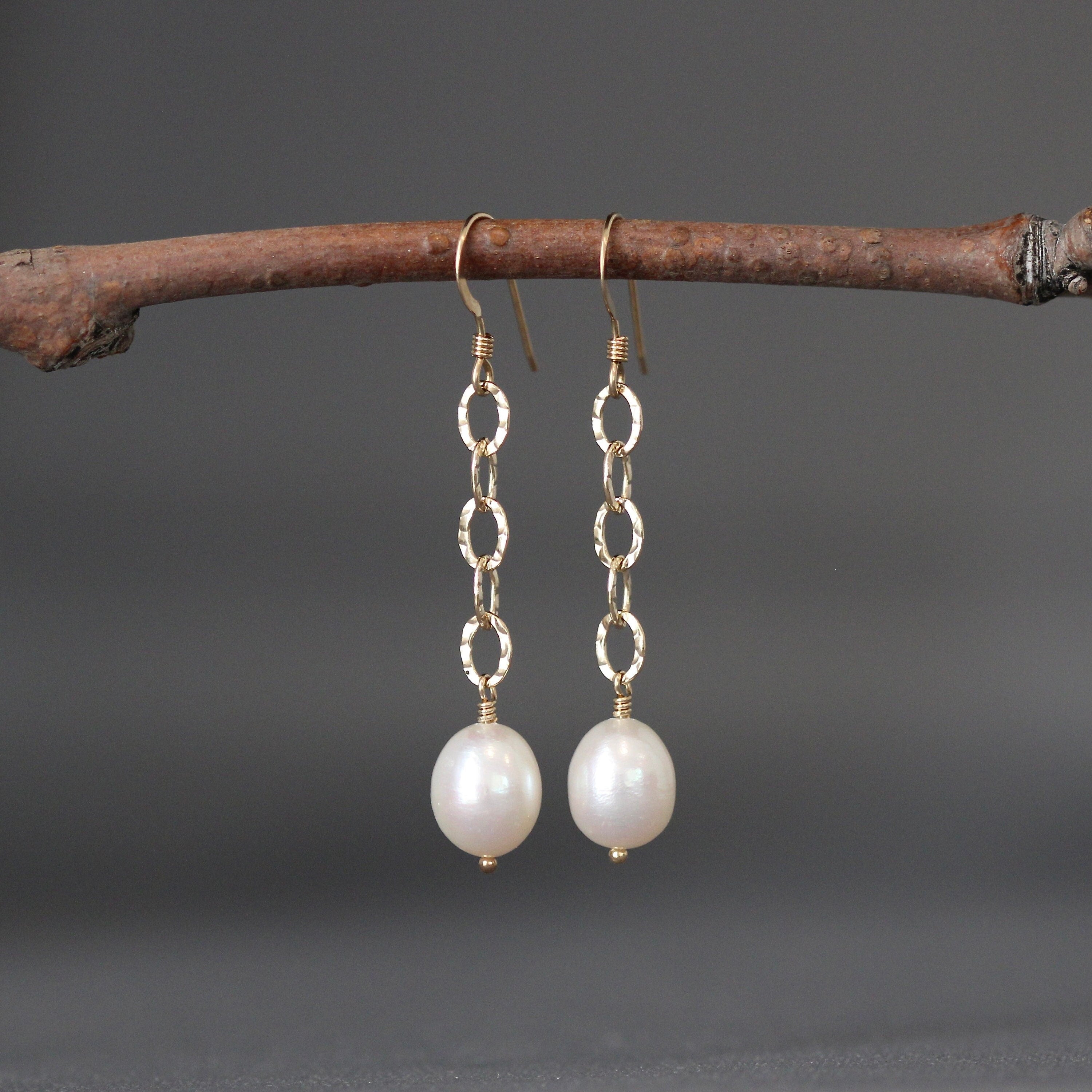 Freshwater Pearl and Hammered Gold Filled Dangle Earrings