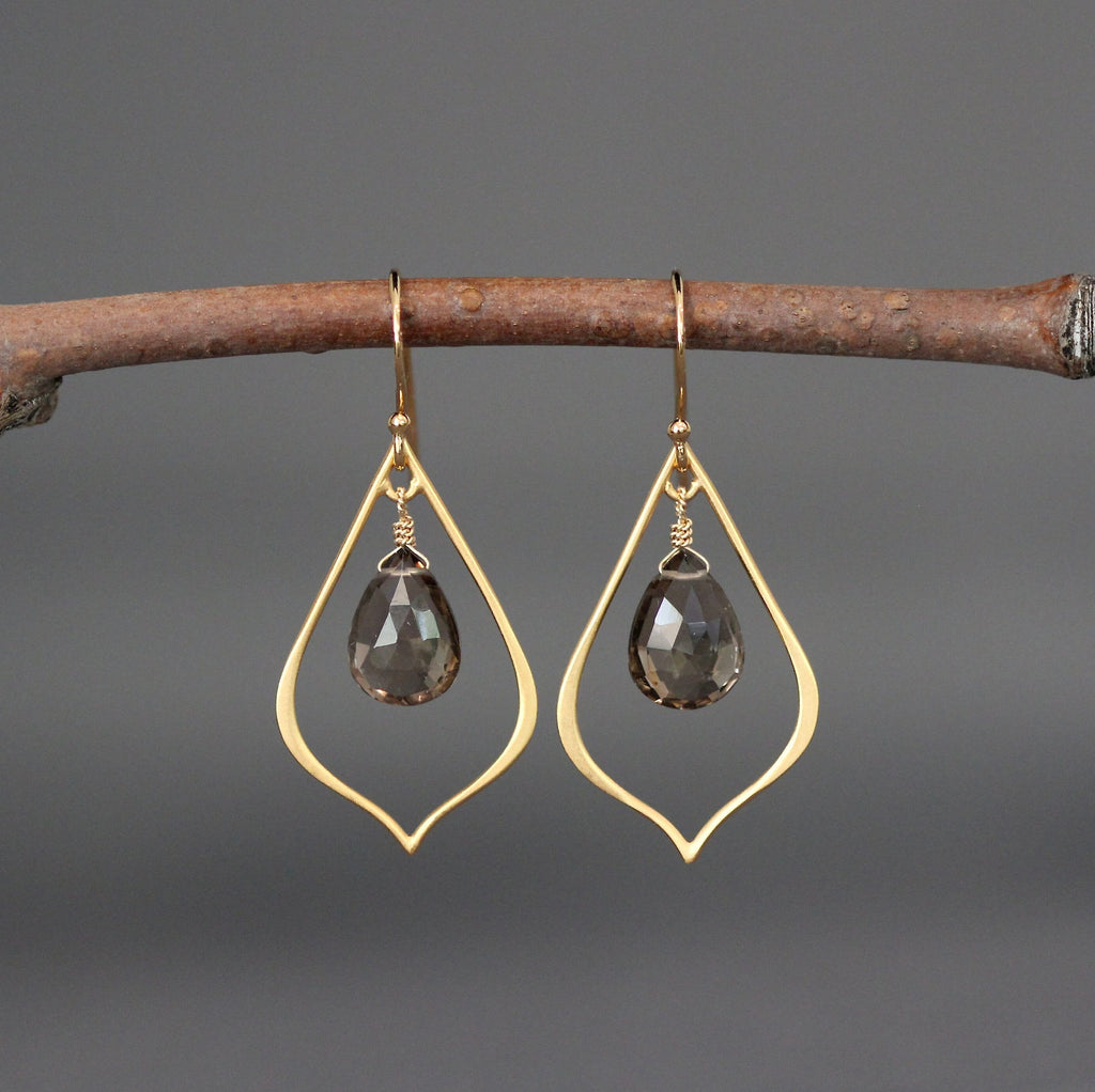 Smoky Quartz Teardrop Dangle Earrings on Matte Gold Vermeil Links