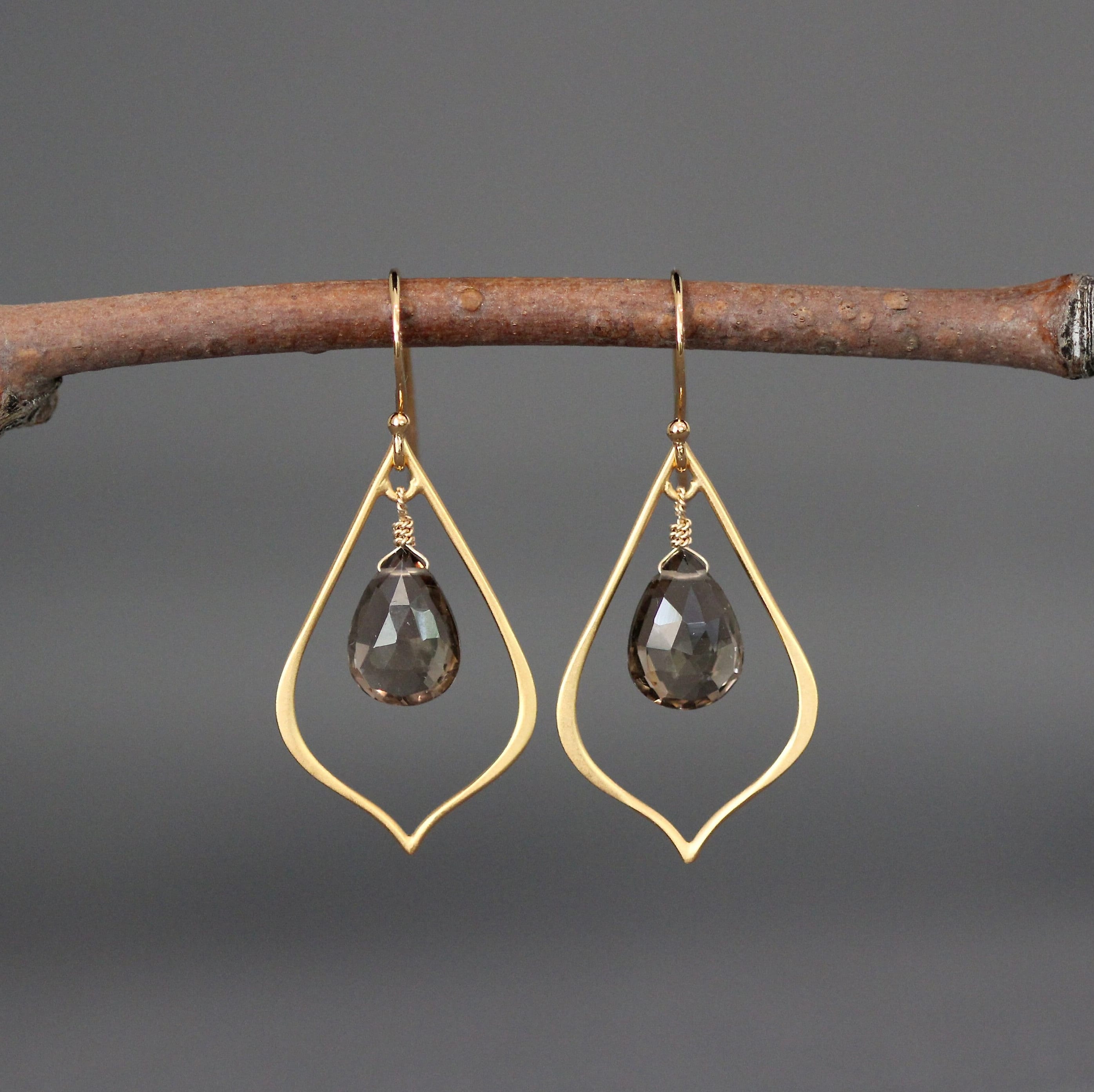 Smoky Quartz Teardrop Dangle Earrings on Matte Gold Vermeil Links