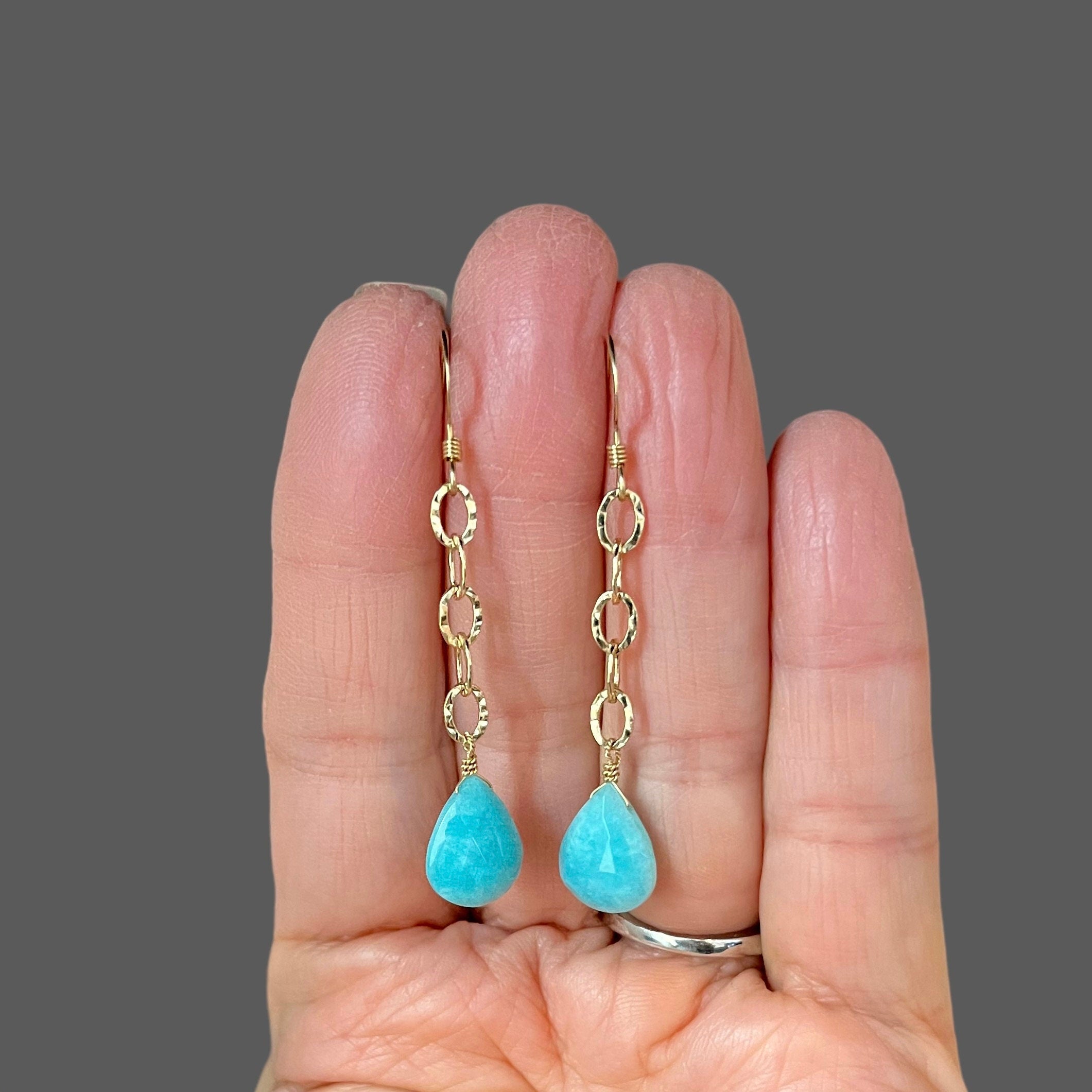 Amazonite Teardrop and Hammered Gold Filled Link Long Dangle Earrings